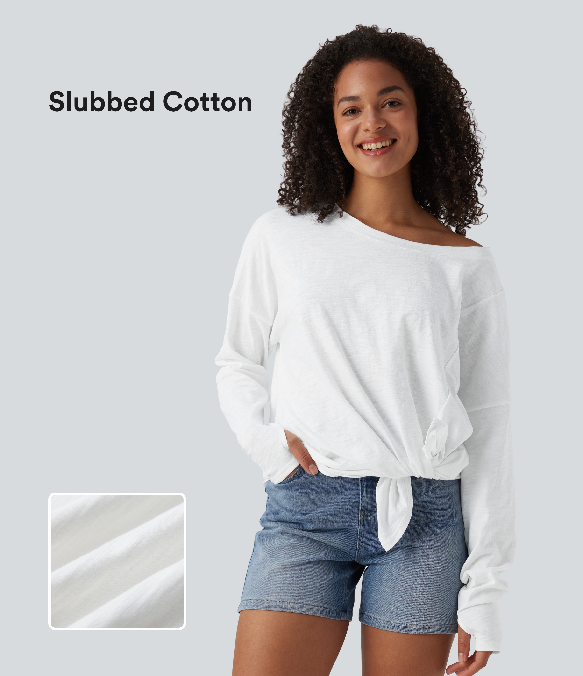 Boat Neck Long Sleeve Thumb Hole Tie Side Casual Cotton T-Shirt