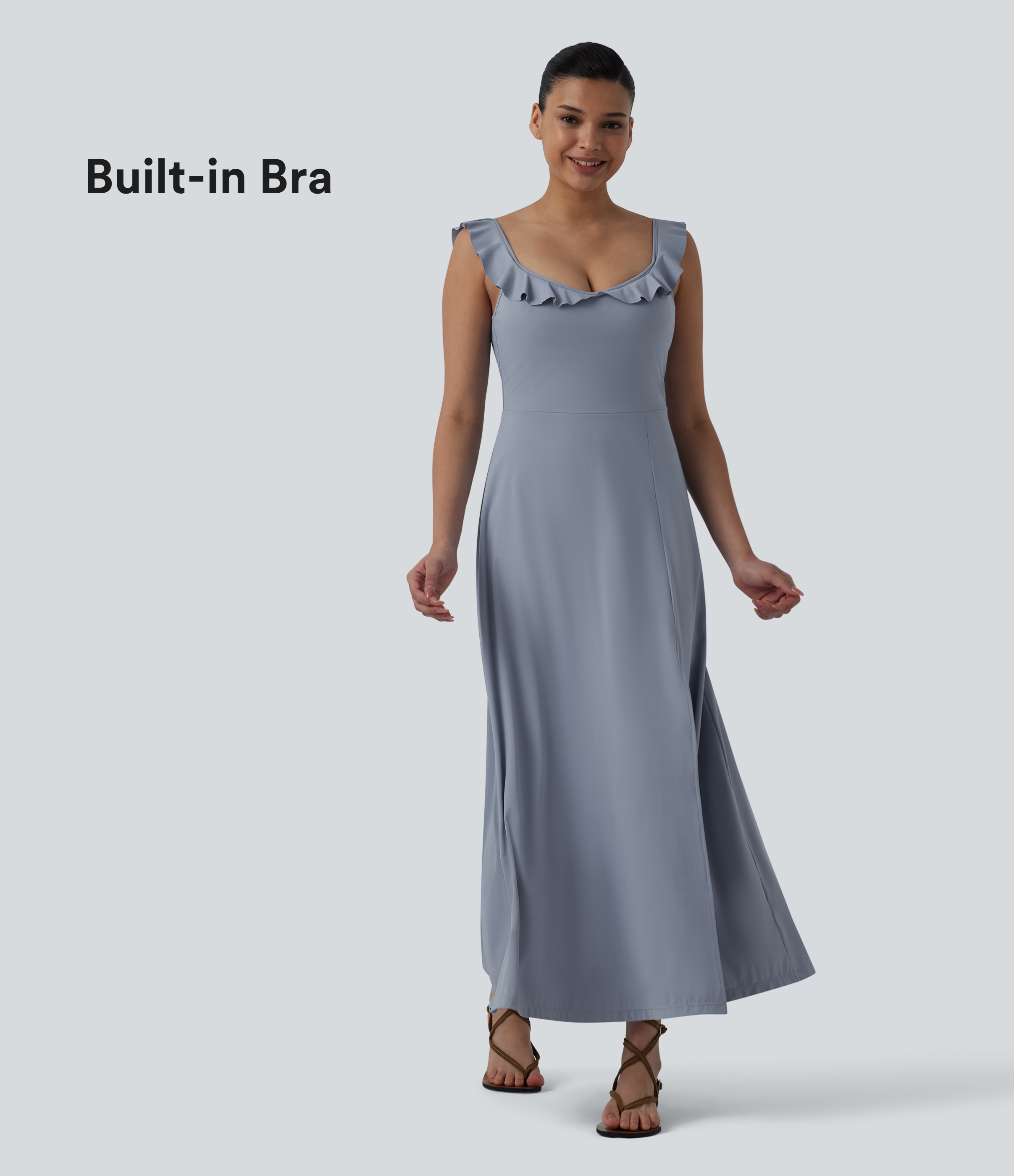 Built-in Bra Ruffle Flowy Maxi Dress
