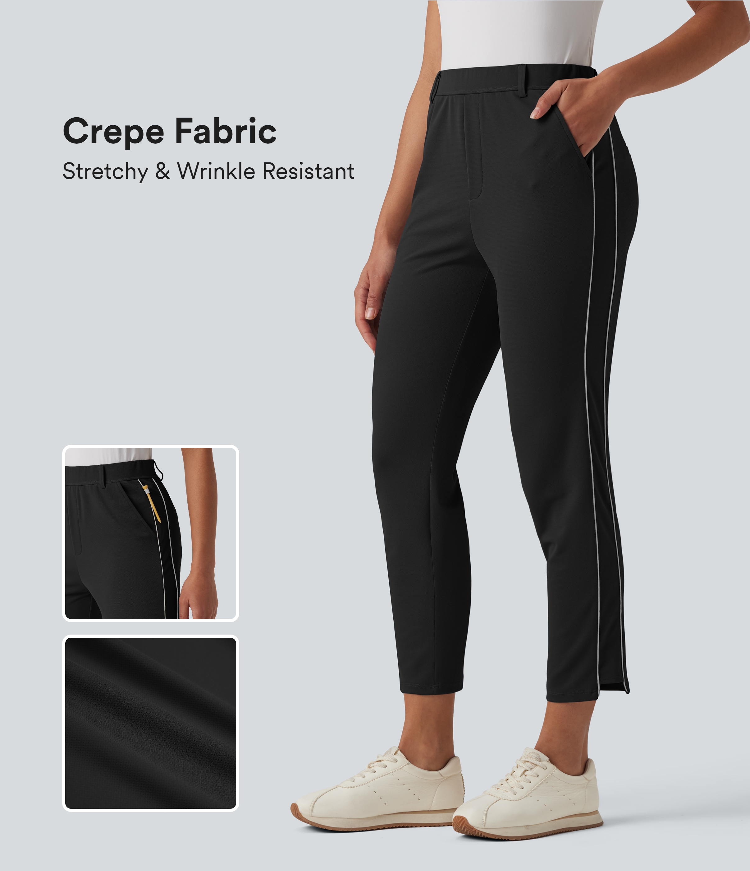 High Waisted Reflective Crepe Golf Tapered Pants-Golf Tee Pocket