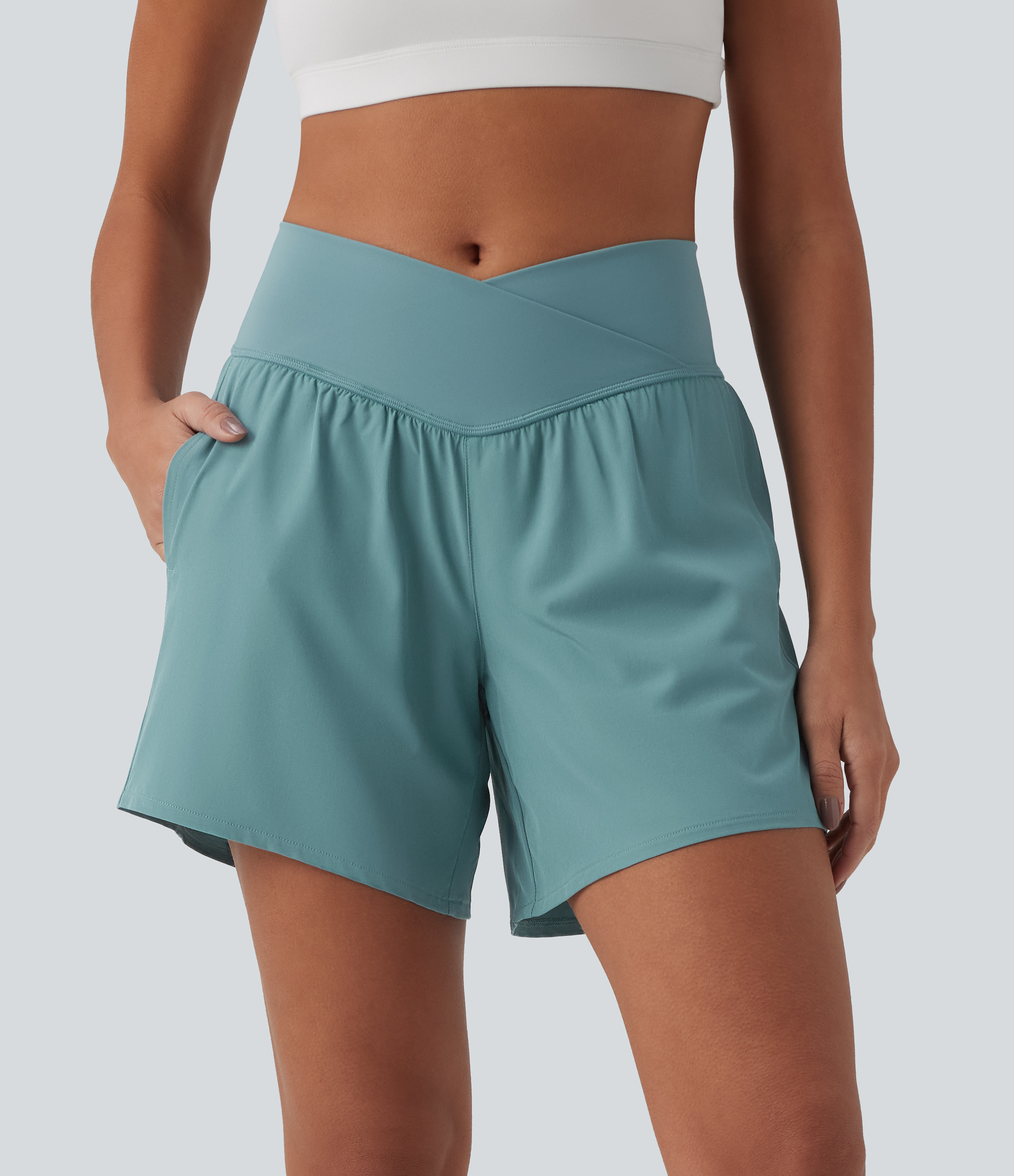 Breezeful™ High Waisted Crossover 2-in-1 Quick Dry Yoga Shorts 5'' with Pockets