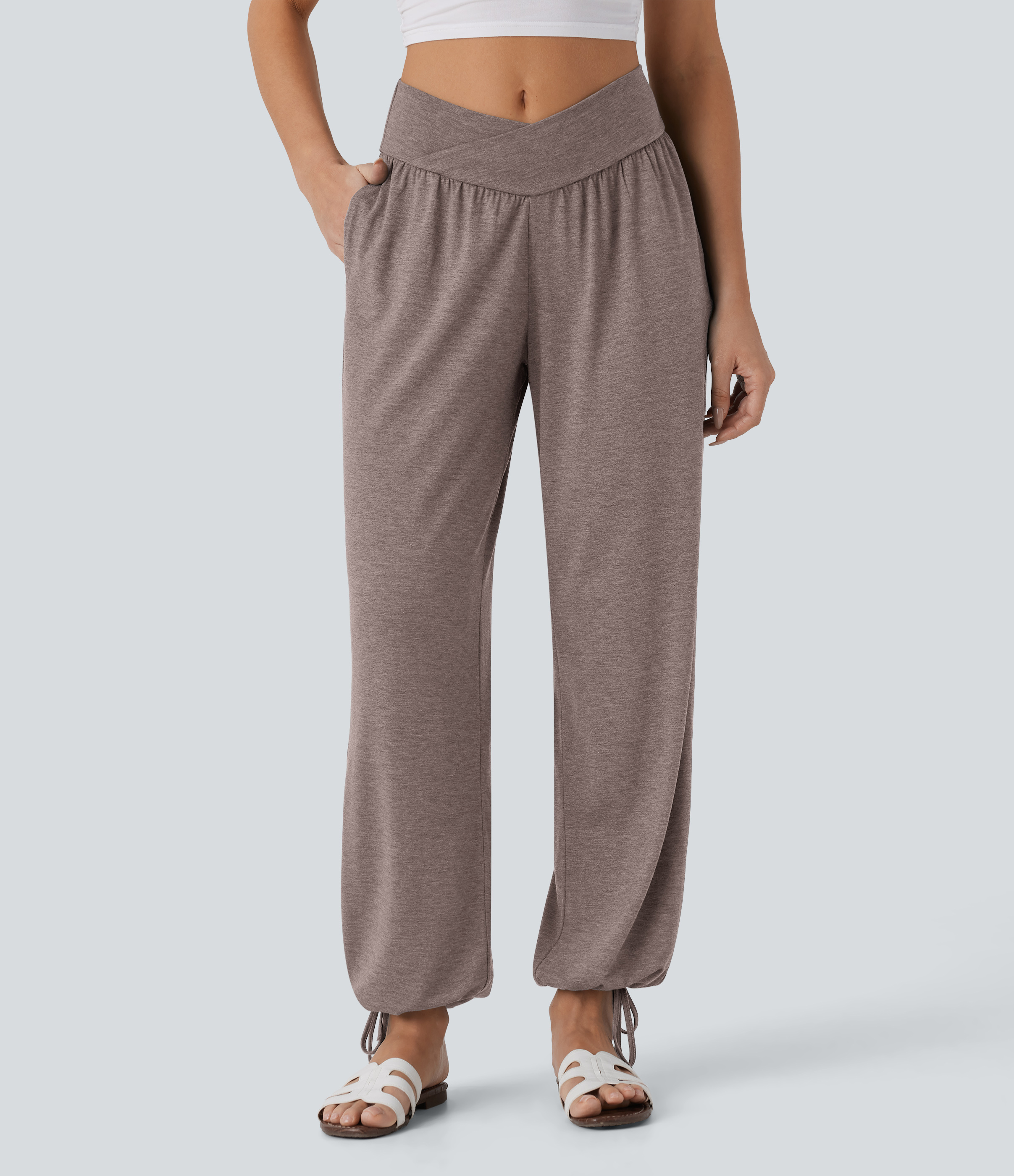 Crossover High Waisted Pocket Drawstring Casual Joggers