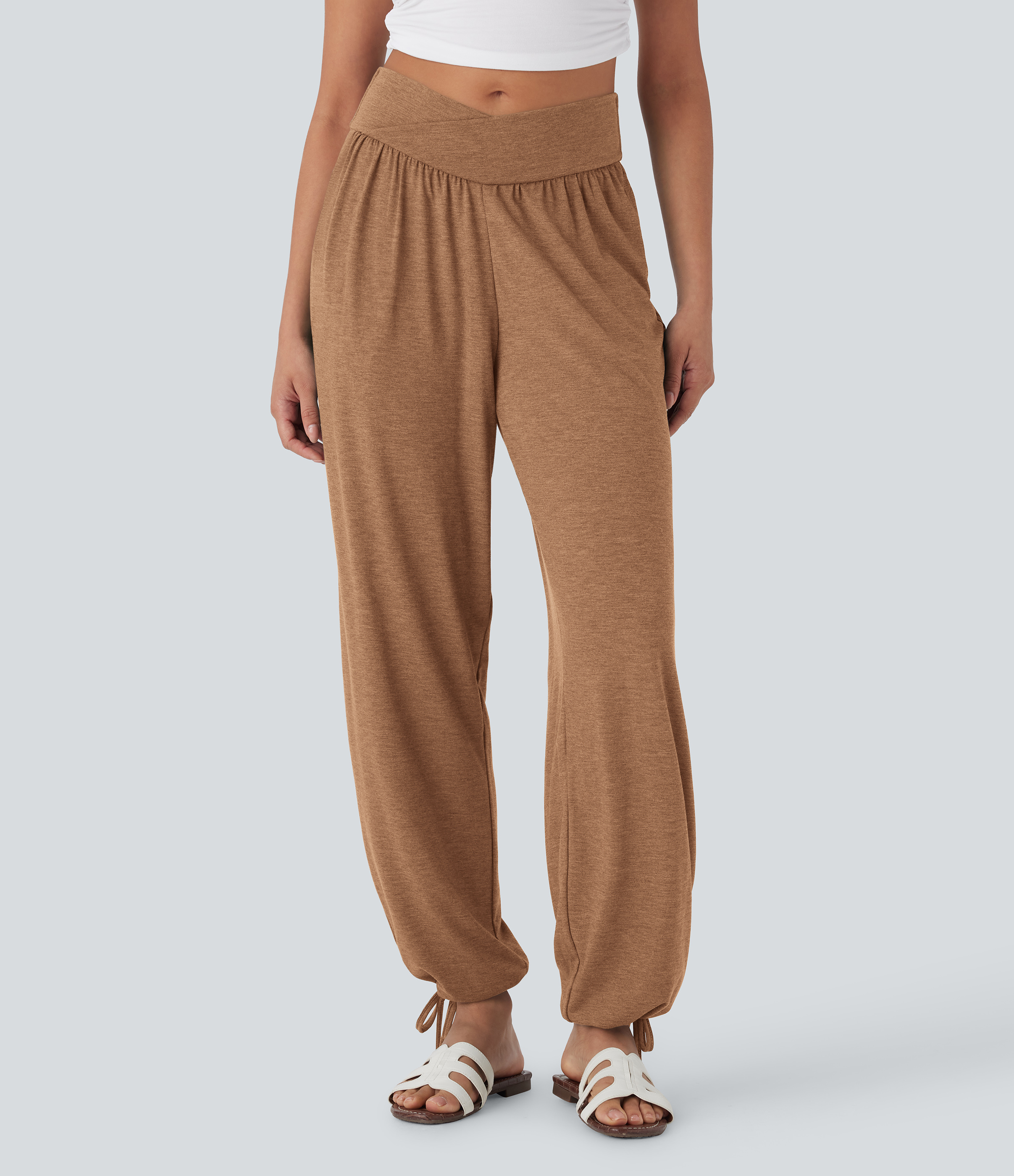 Crossover High Waisted Pocket Drawstring Casual Joggers