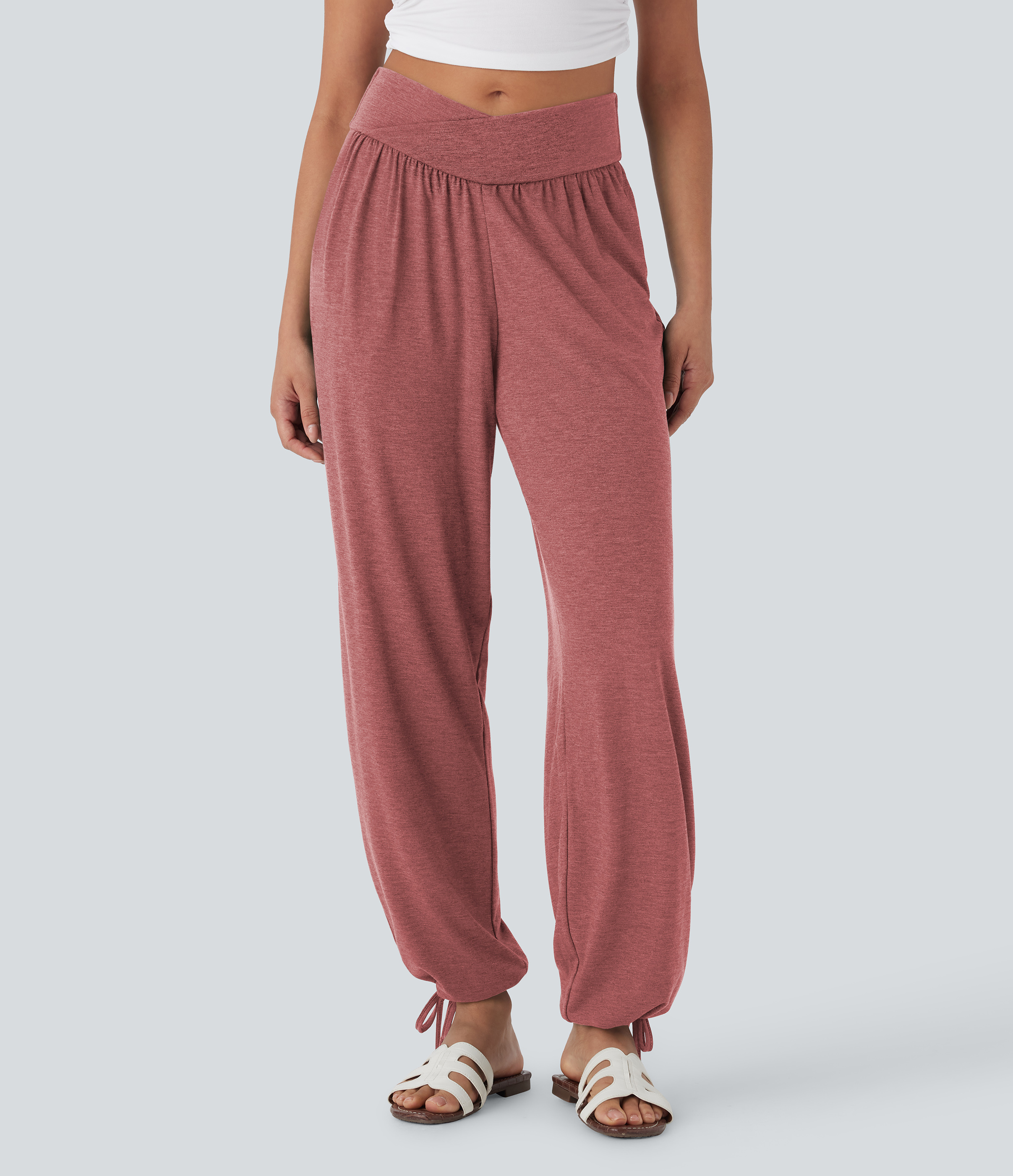 Crossover High Waisted Pocket Drawstring Casual Joggers