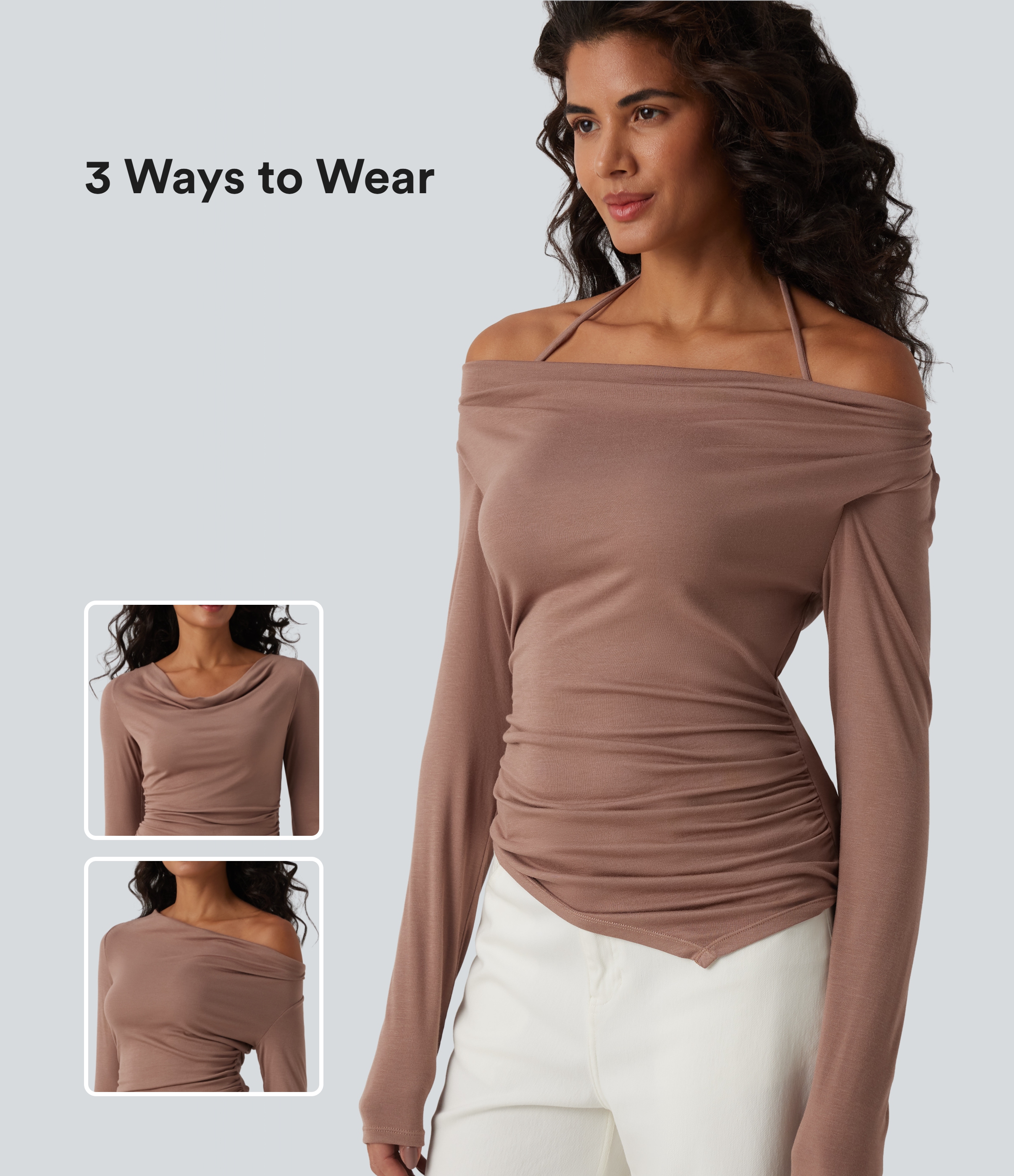 Ribbed Halter Off Shoulder Long Sleeve Ruched Asymmetric Hem Casual Top