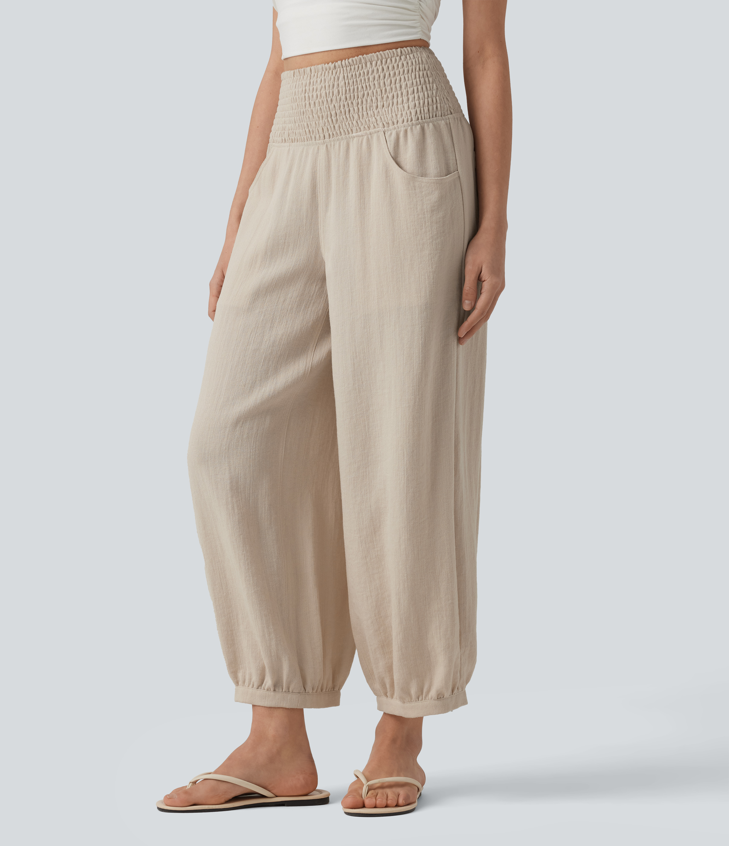 High Waisted Shirred Linen-Feel Casual Bubble Pants with Pockets