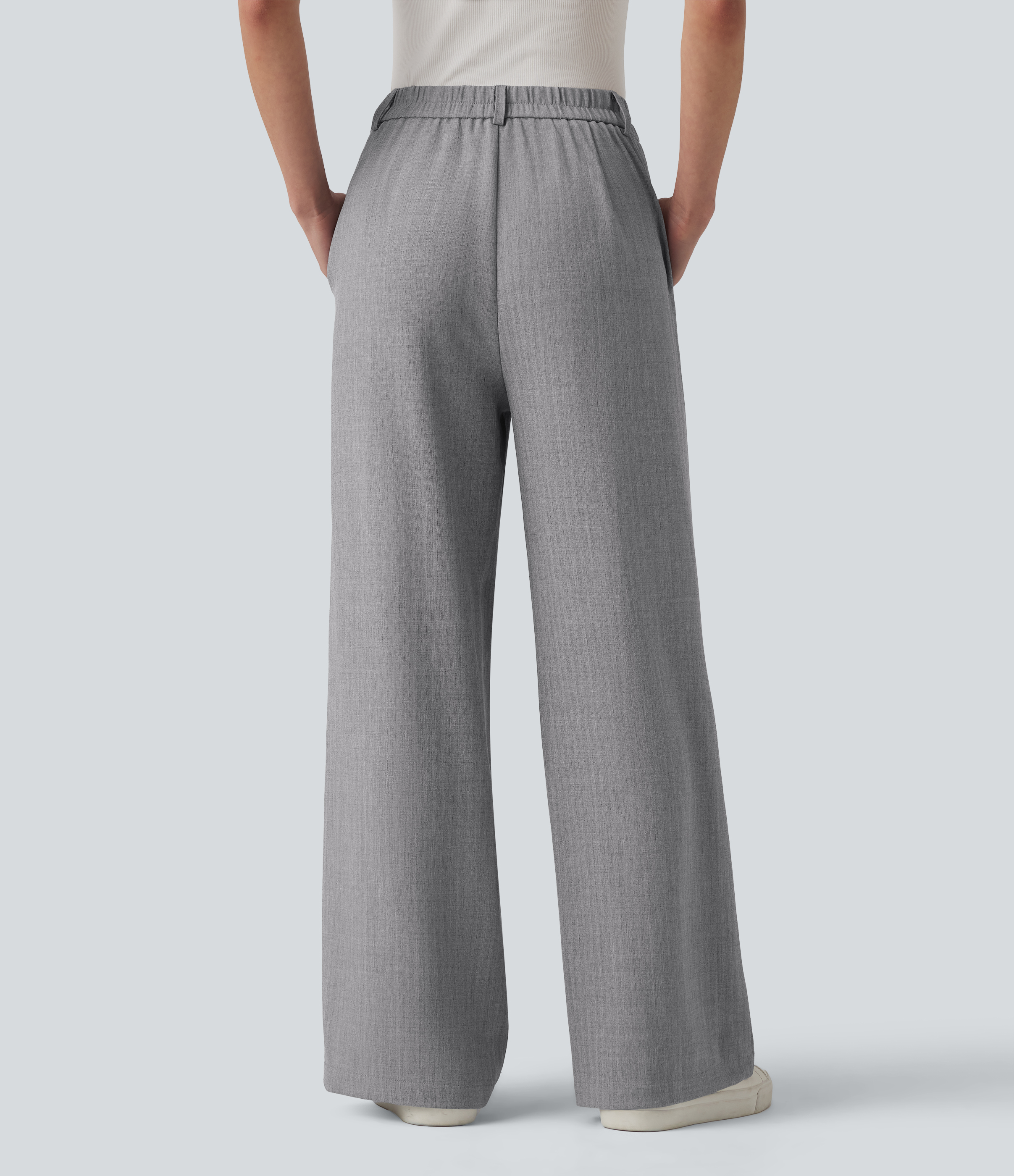 Gris Pantalon de travail taille haute, coupe droite, effet lin, avec poches / 2