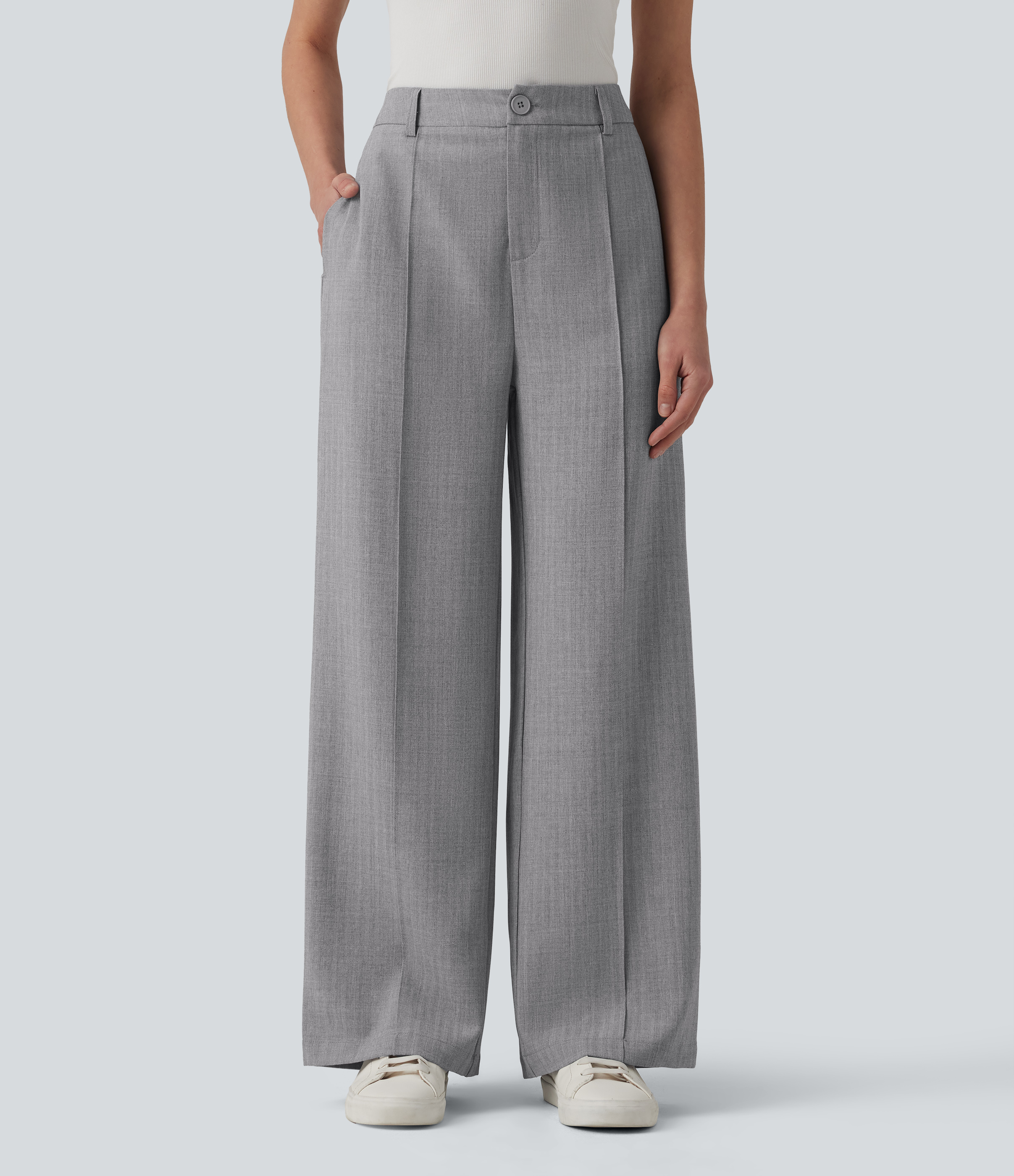 High Waisted Straight Leg Work Linen-Feel Pants with Pockets
