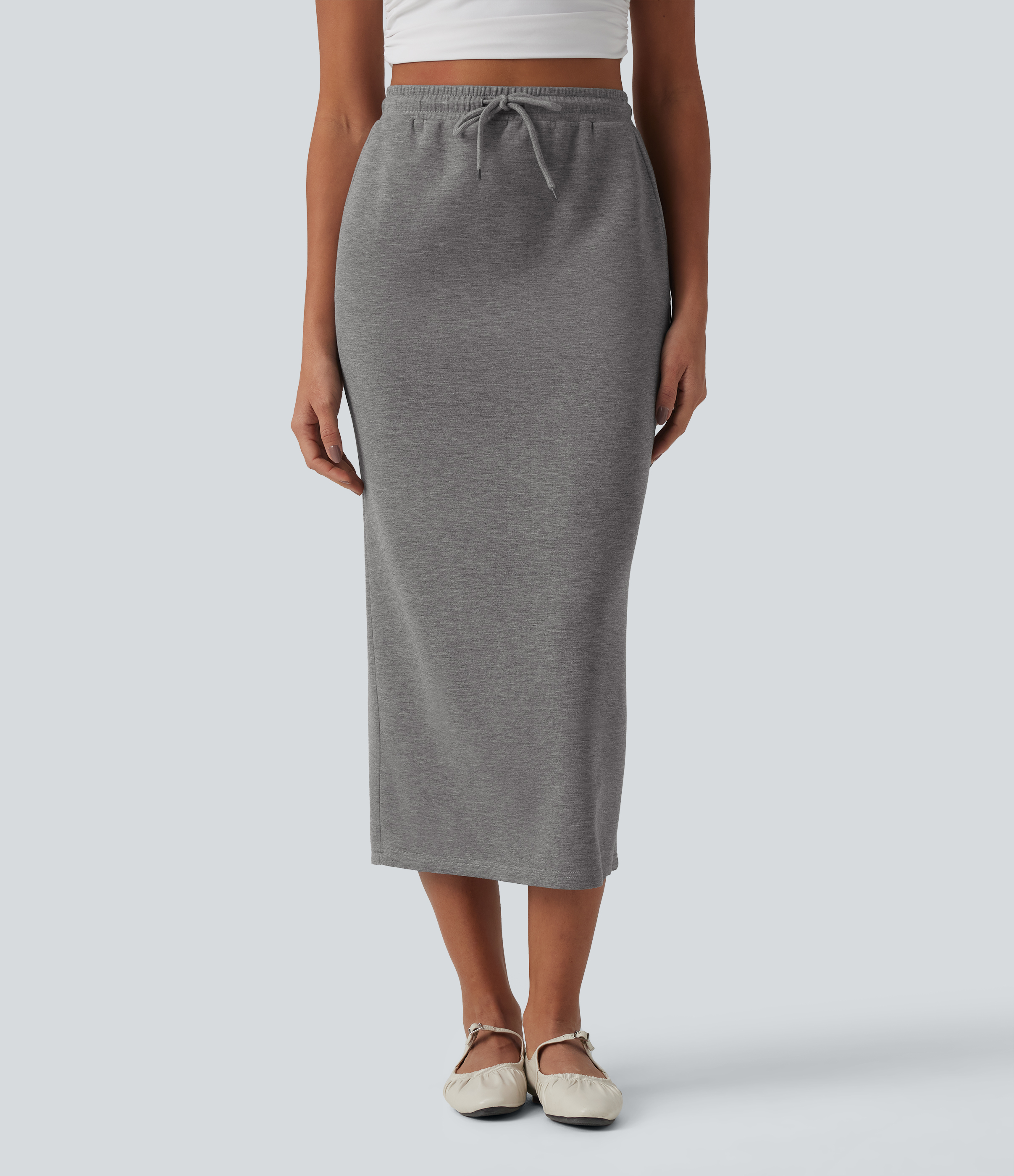 High Waisted Drawstring Midi Casual Pencil Skirt with Pockets