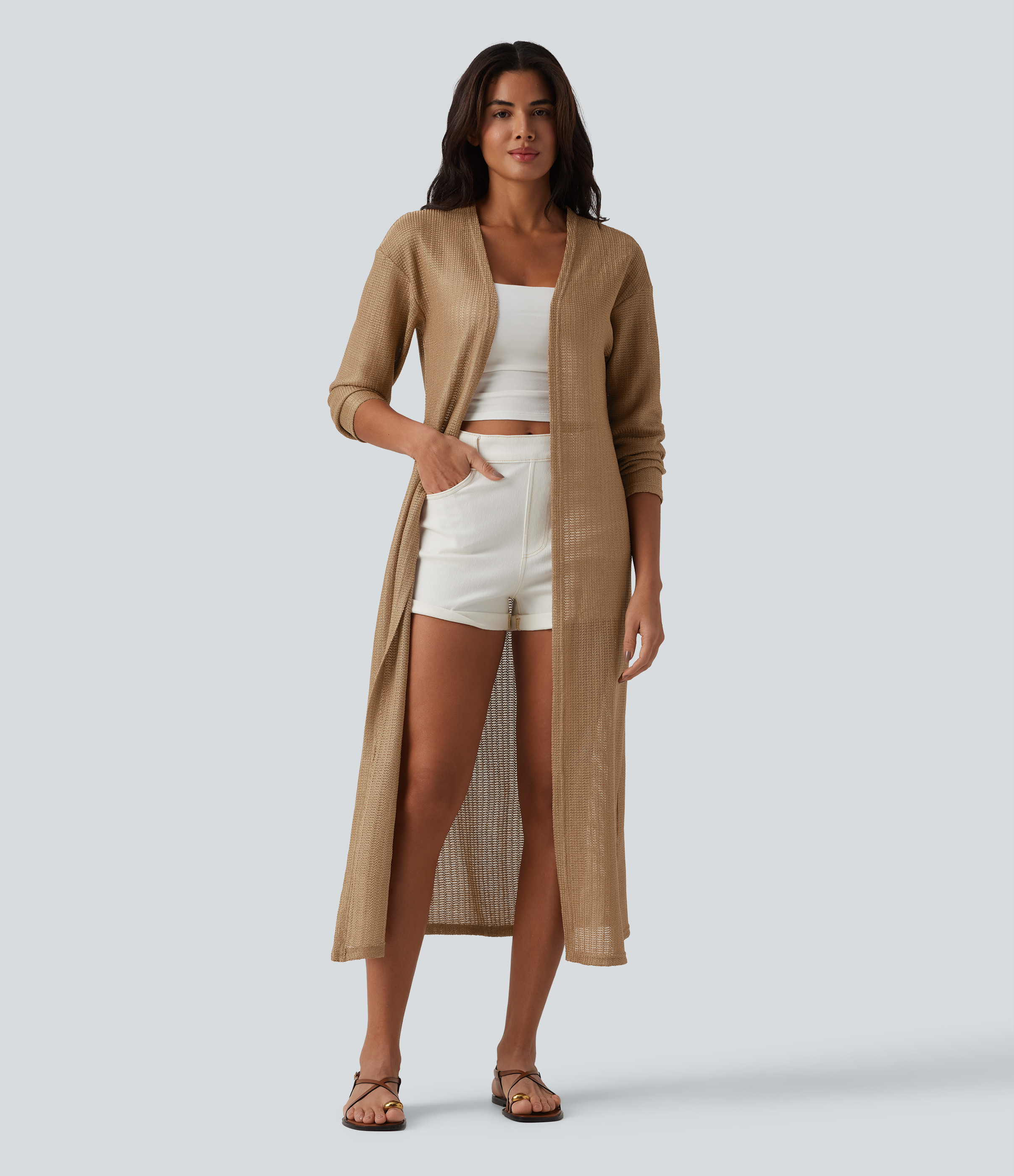 Long Sleeve Longline Casual Crochet Knit Coat