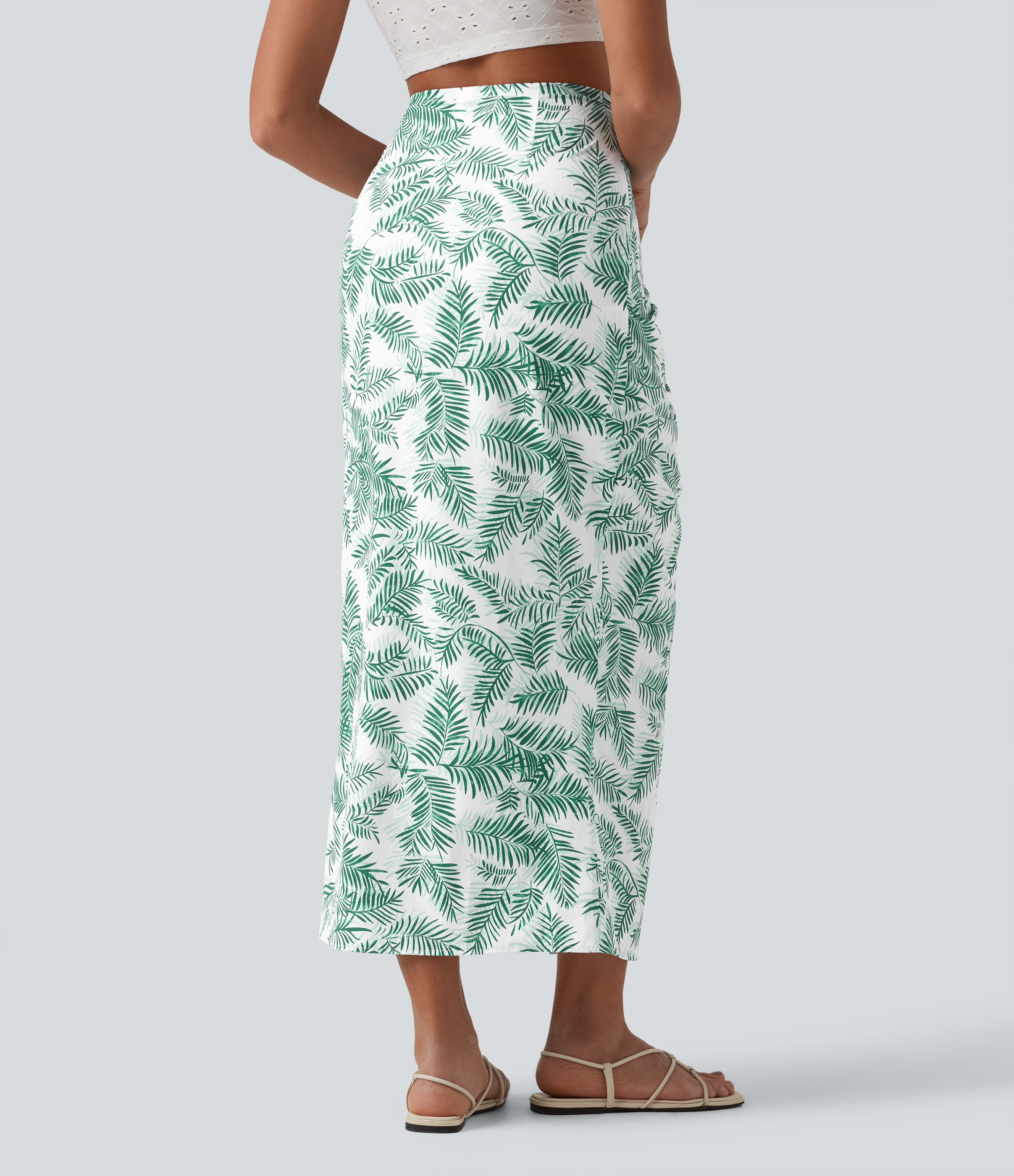 Green Vine Print Maxi-pils með miðháum mitti, hnút að framan, líkamssnið, rynkt, með blómamynstri/röndamynstri / 2