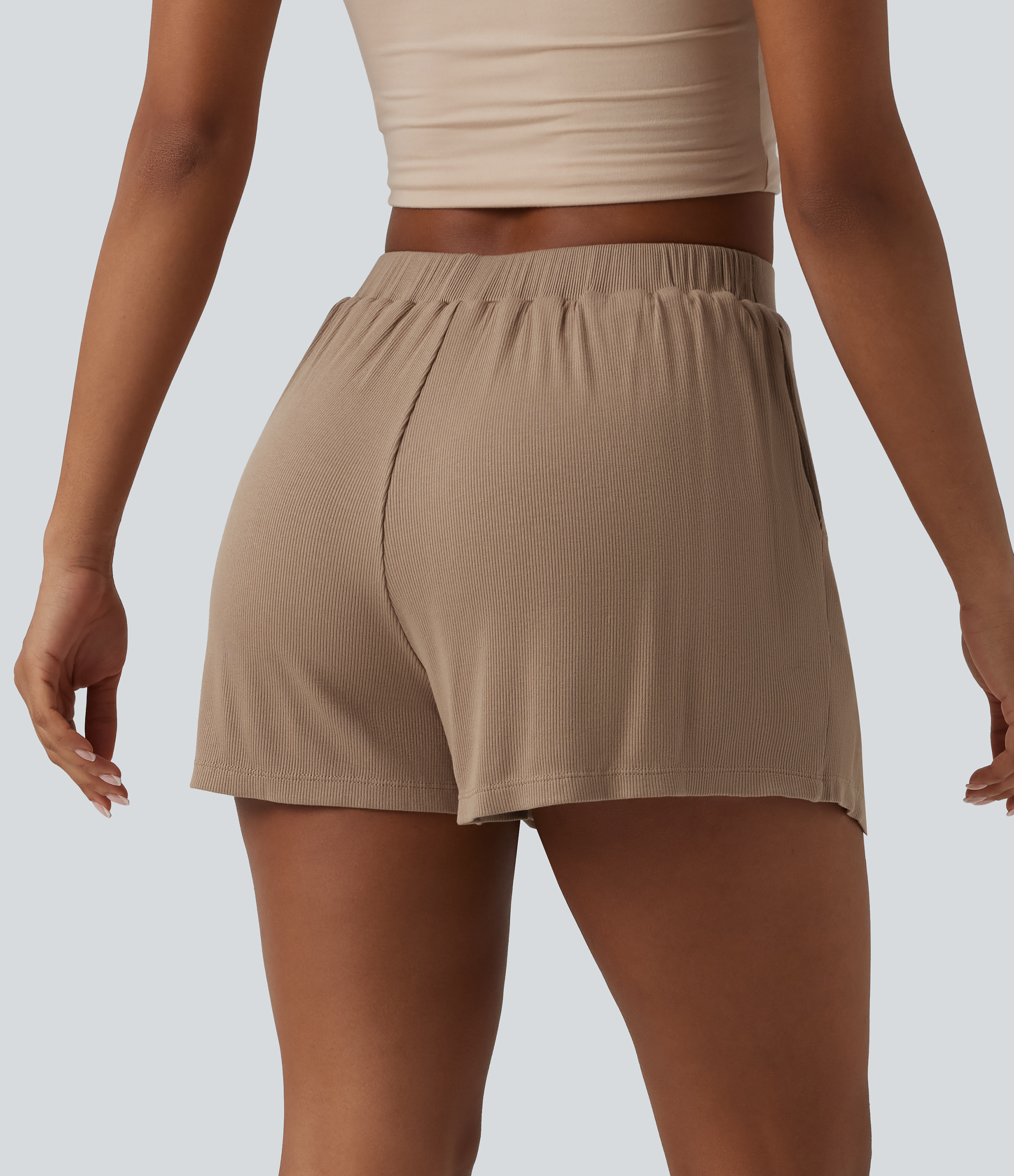 Brush Ribbed Knit High Waisted 2-in-1 Casual Shorts with Pockets / 2