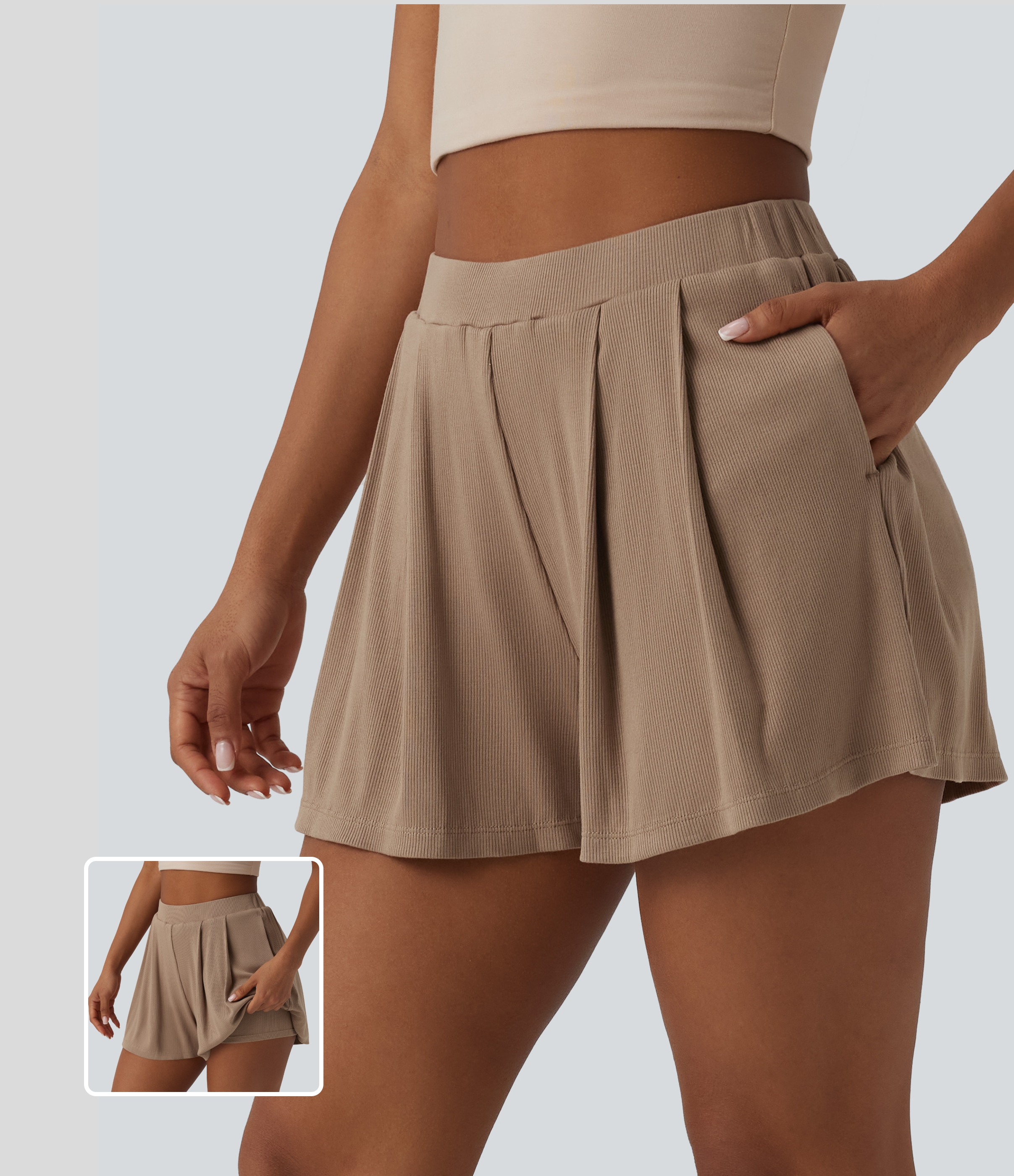 Short décontracté 2 en 1 en maille côtelée, taille haute, avec poches