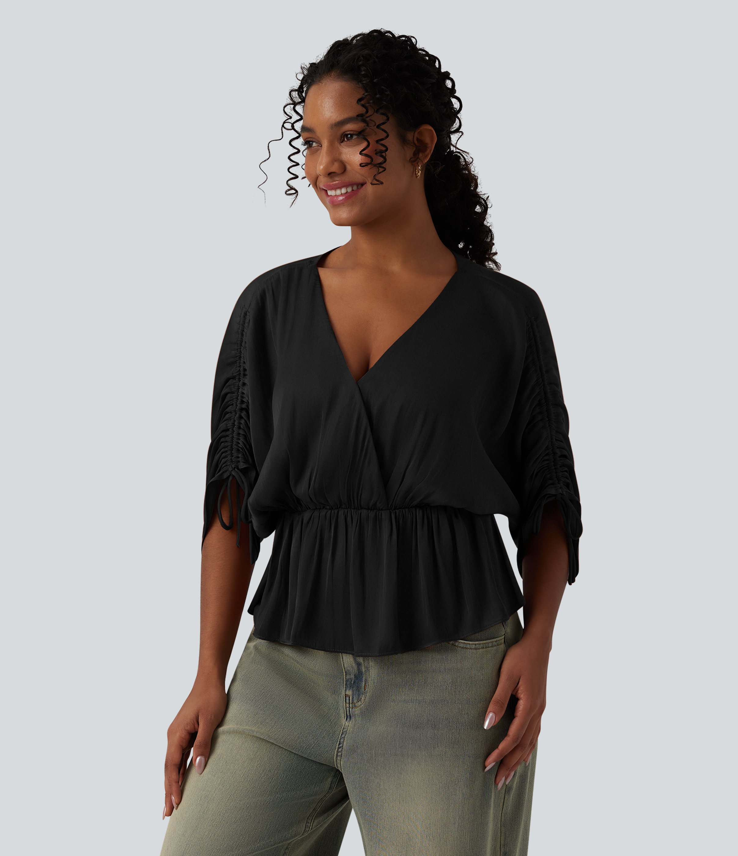 Women's V neck Drawstring Batwing Sleeve Casual Blouse - Halara