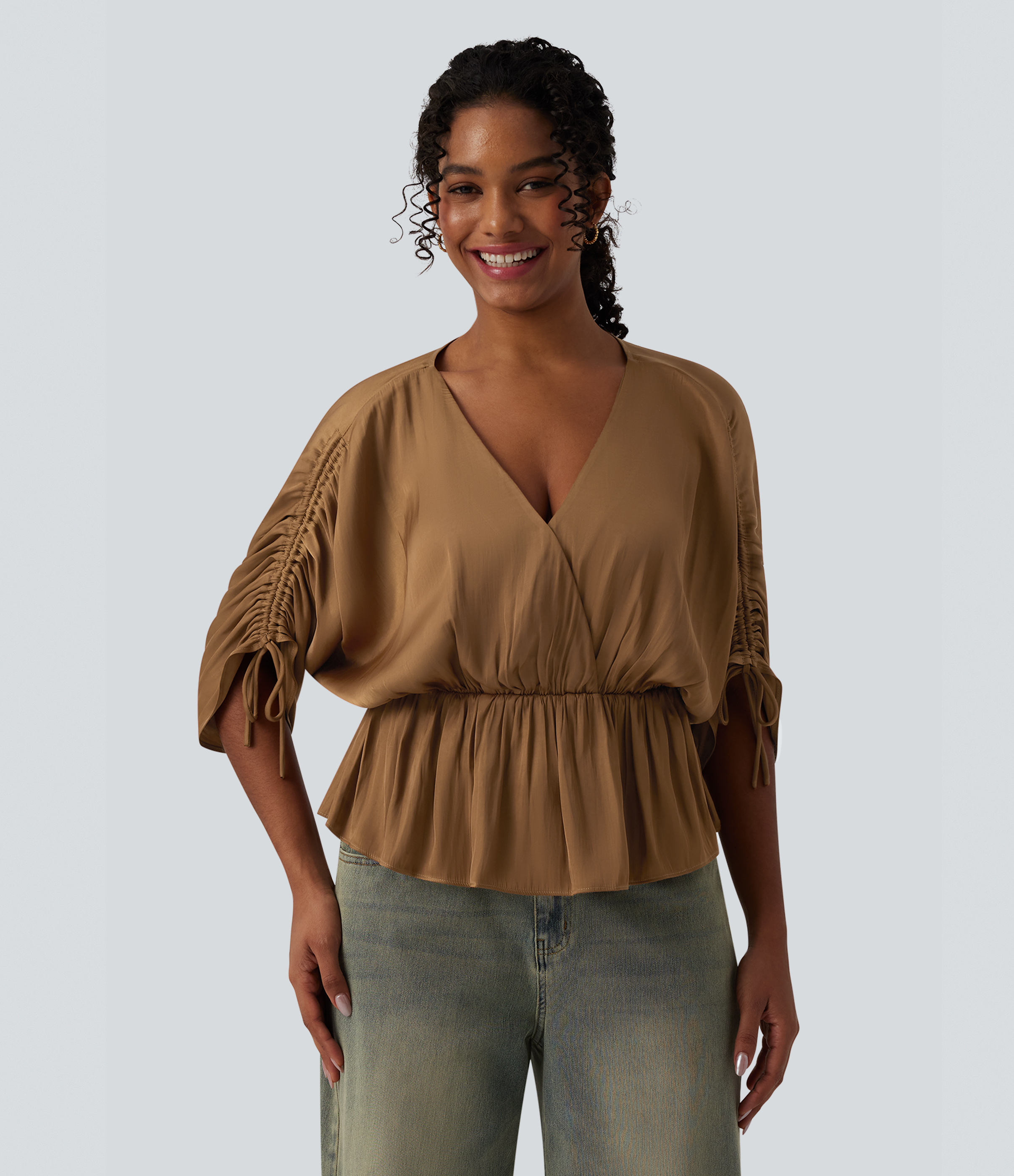 Women's V neck Drawstring Batwing Sleeve Casual Blouse - Halara