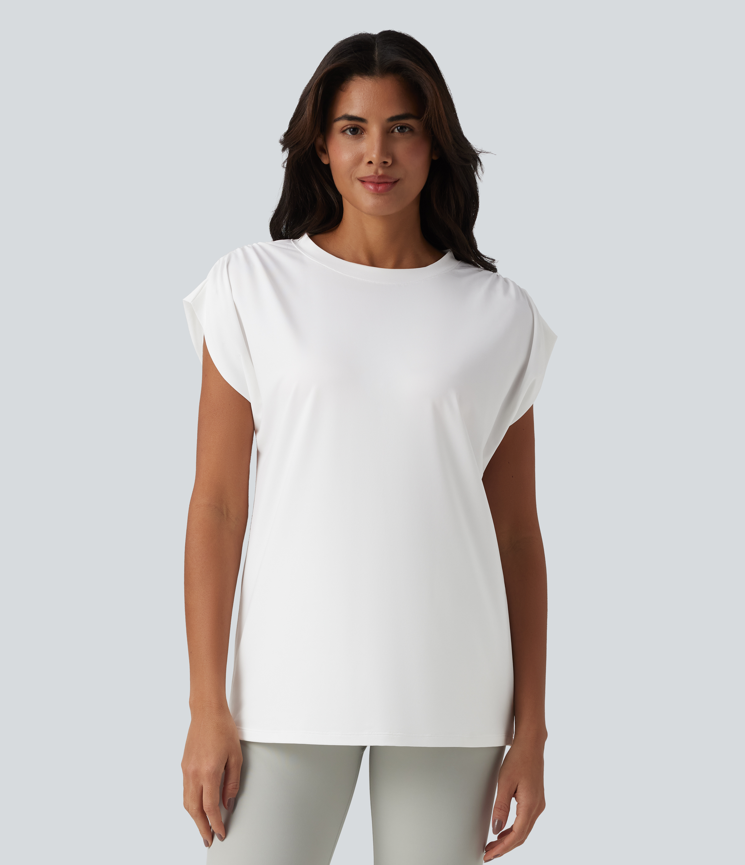 Top de sport yoga ample col rond sans manches avec fronces