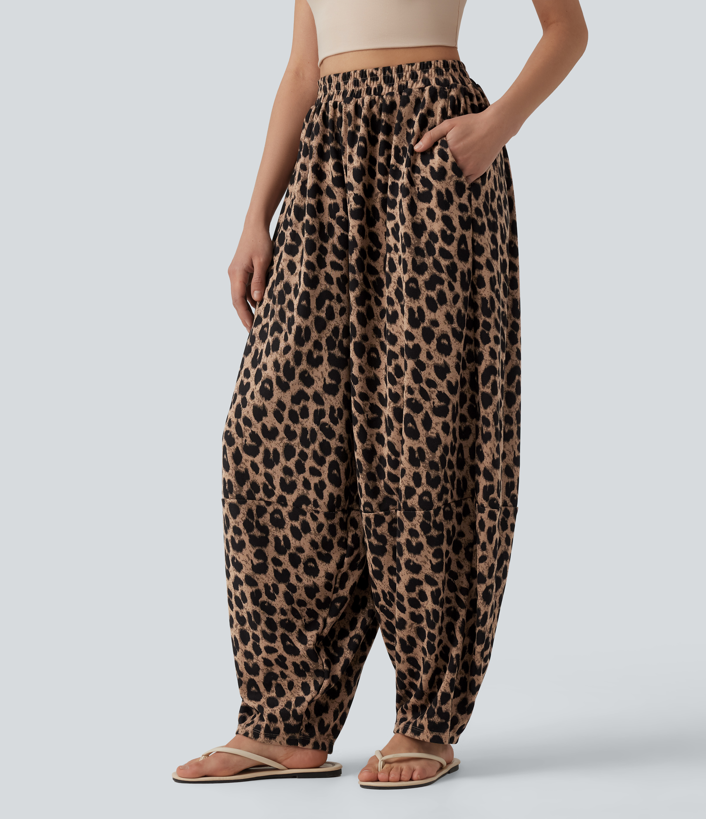 Jogging casual fluide gaufré imprimé léopard taille haute avec poches