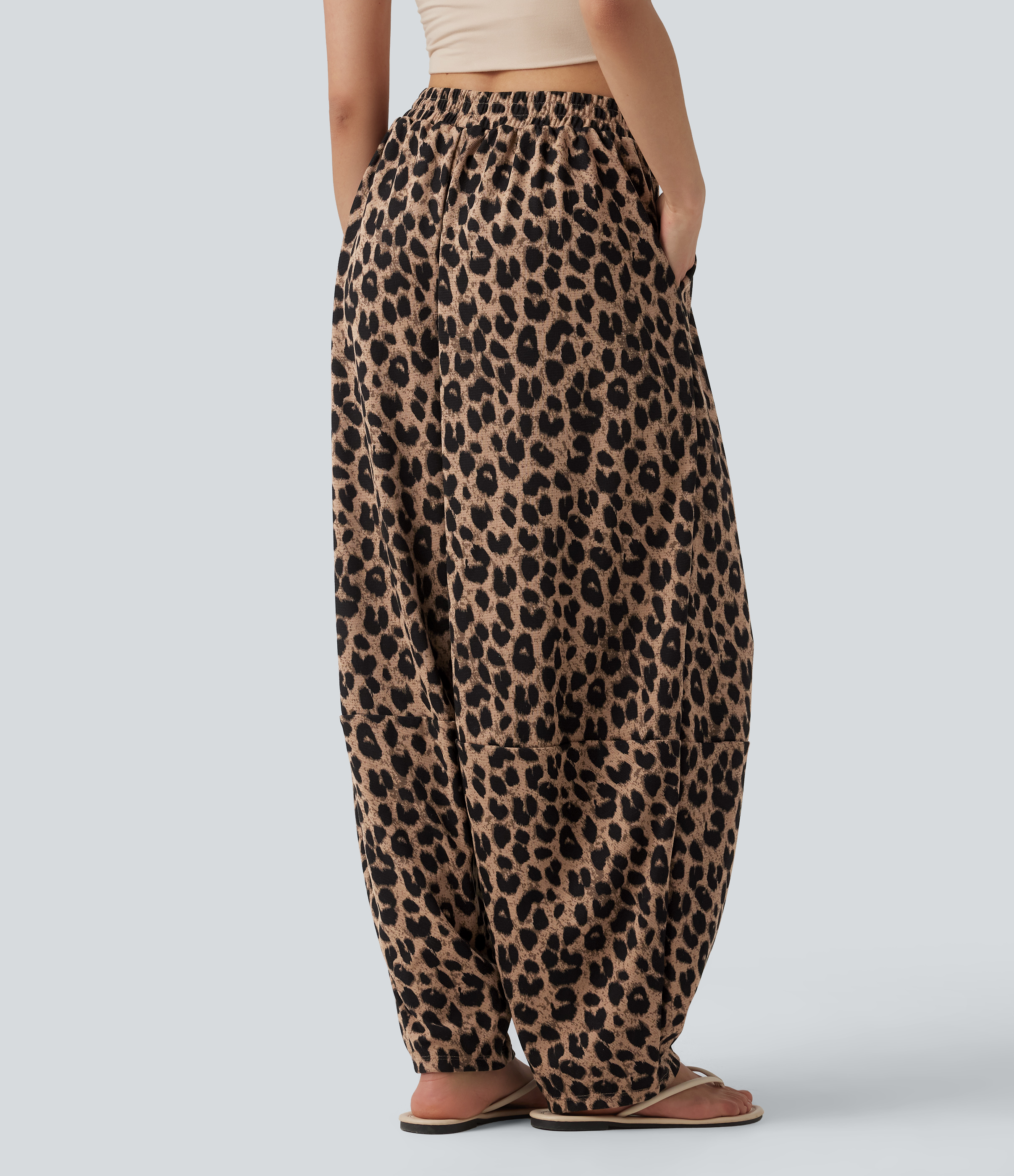 Noir Safari Jogging casual fluide gaufré imprimé léopard taille haute avec poches / 2