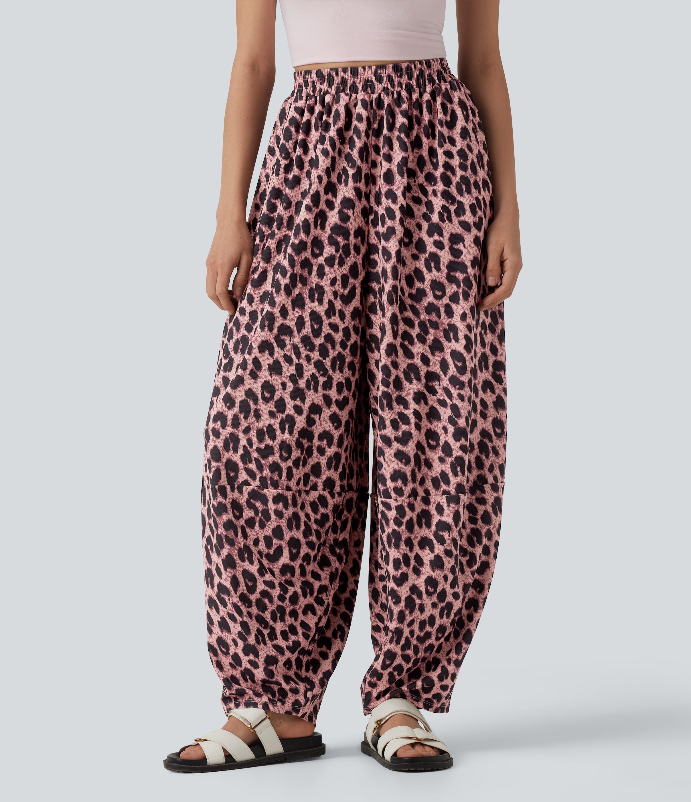 High Waisted Flowy Leopard Print Waffle Casual Joggers with Pockets
