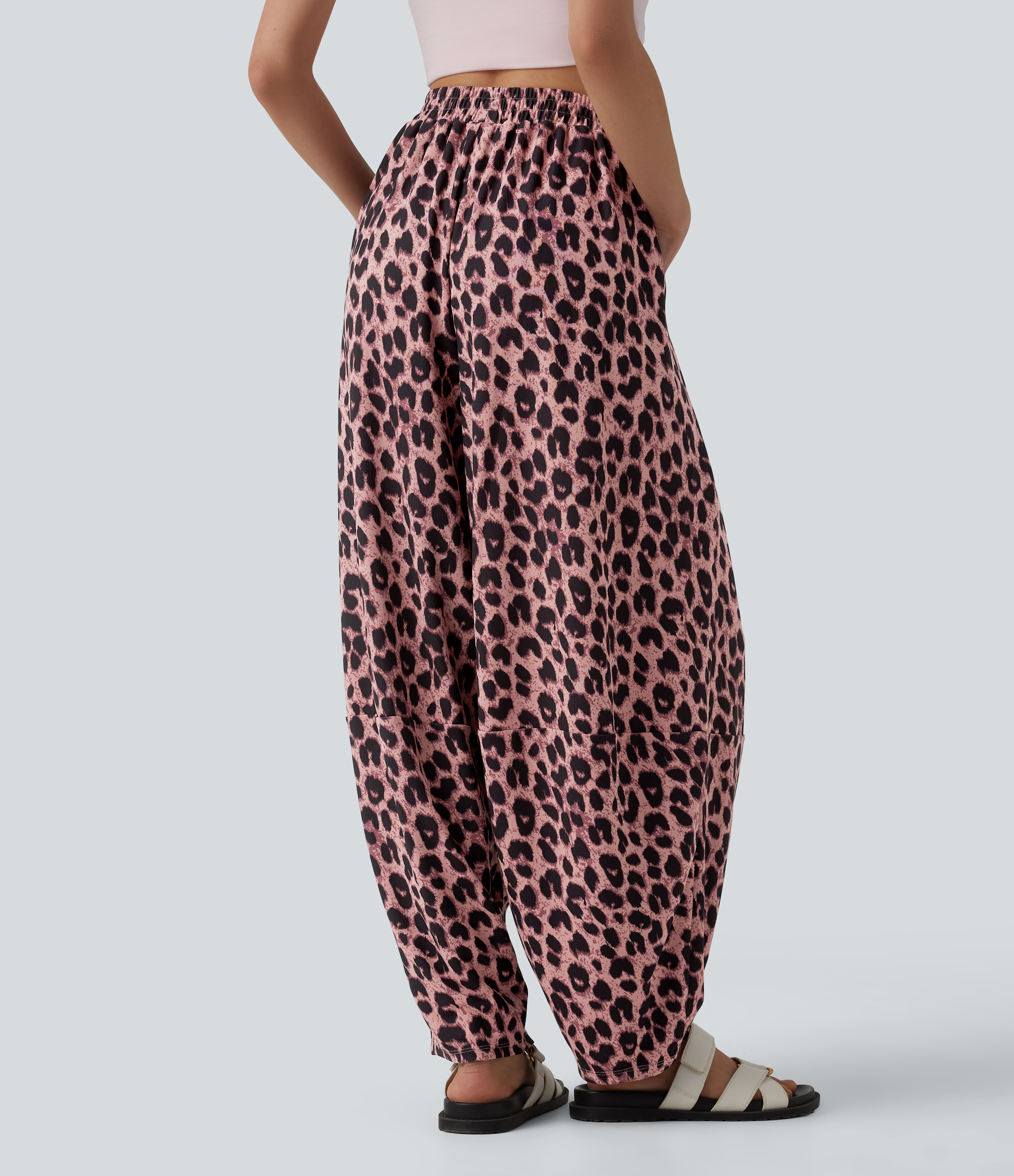 Blush Panther High Waisted Flowy Leopard Print Waffle Casual Baggy Joggers with Pockets / 2