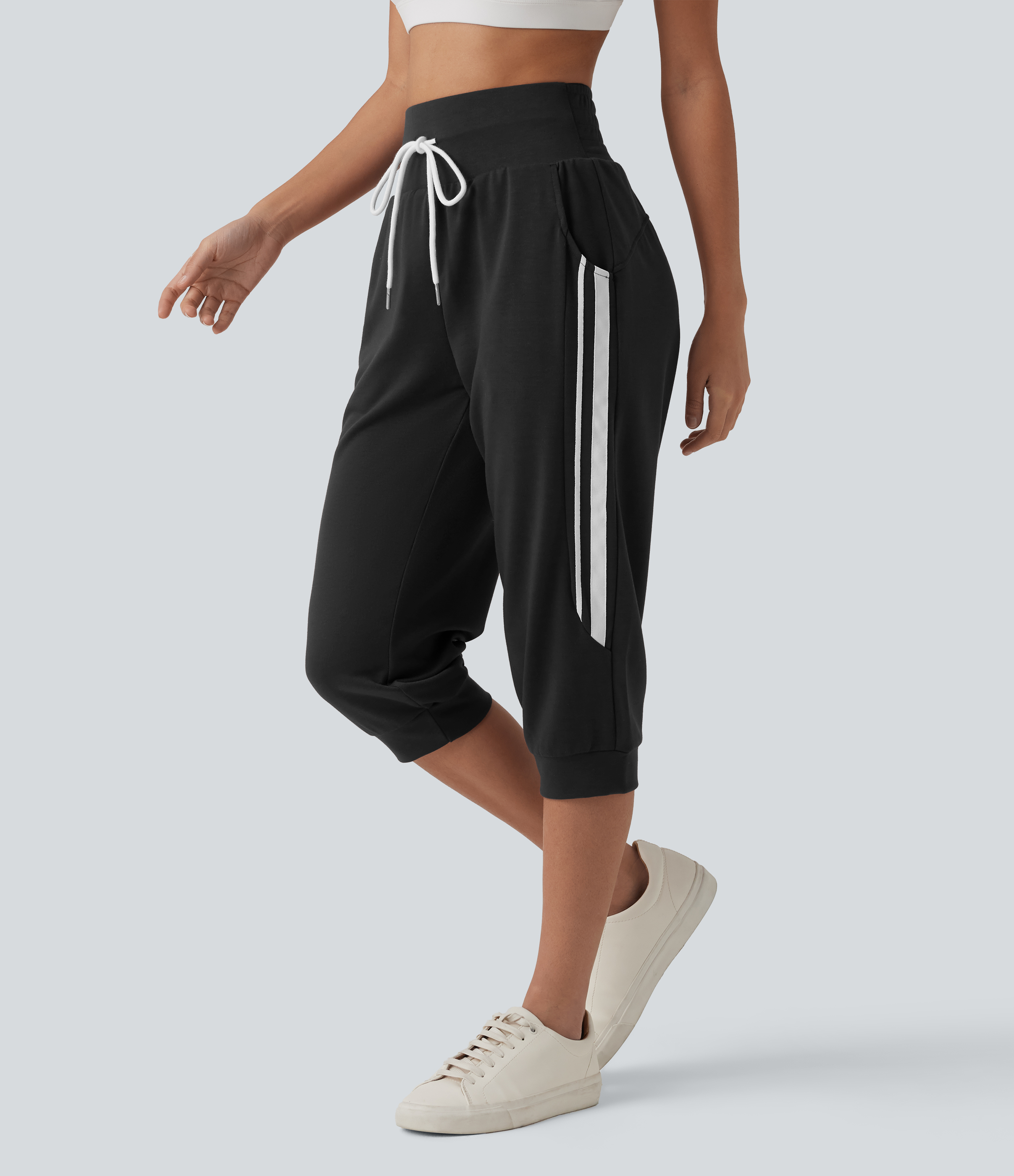 High Waisted Drawstring Stripe Capri Casual Joggers with Pockets