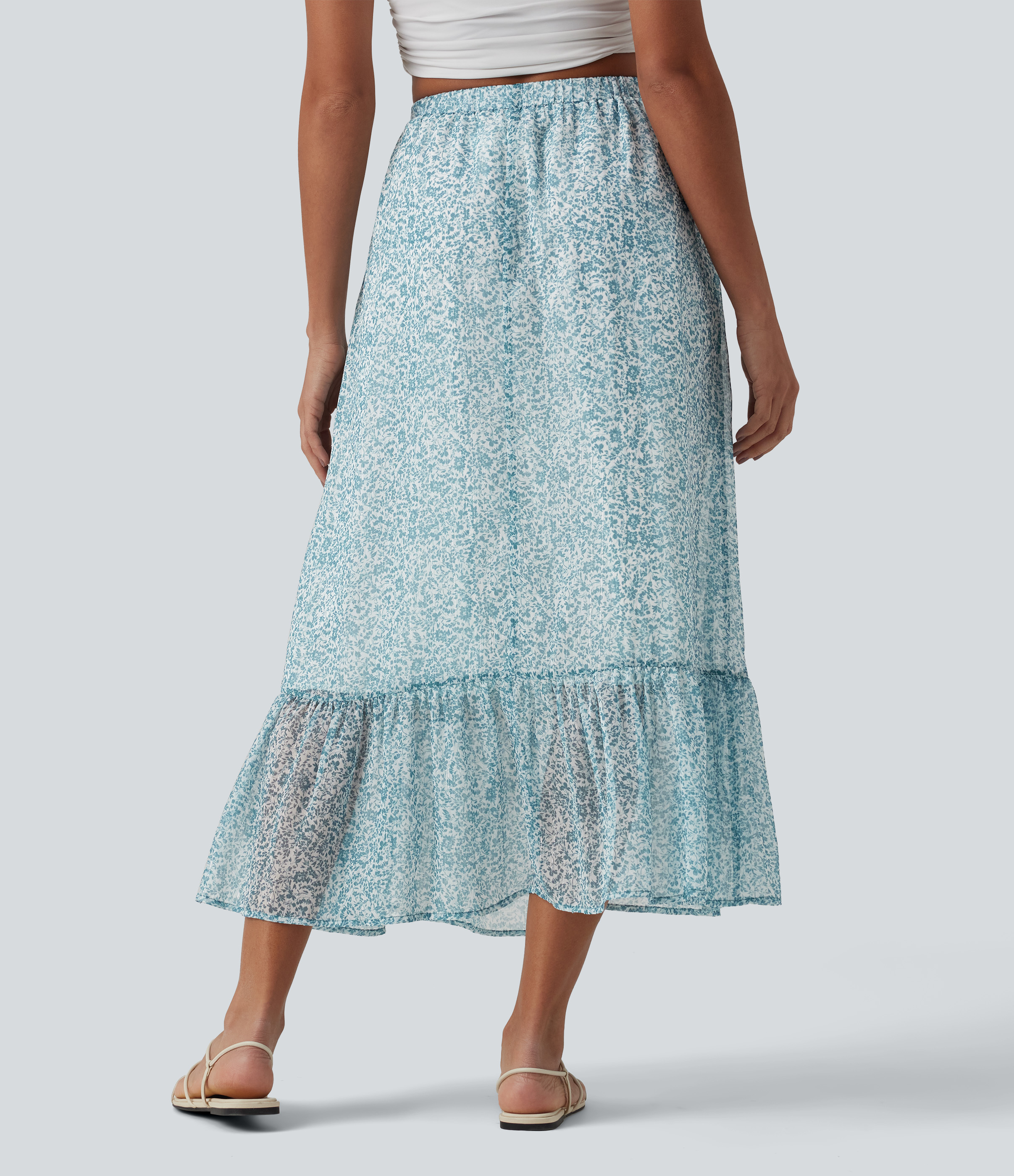 Silver Leaf High Waisted Floral Print Flowy Midi Casual Skirt with Pockets / 2