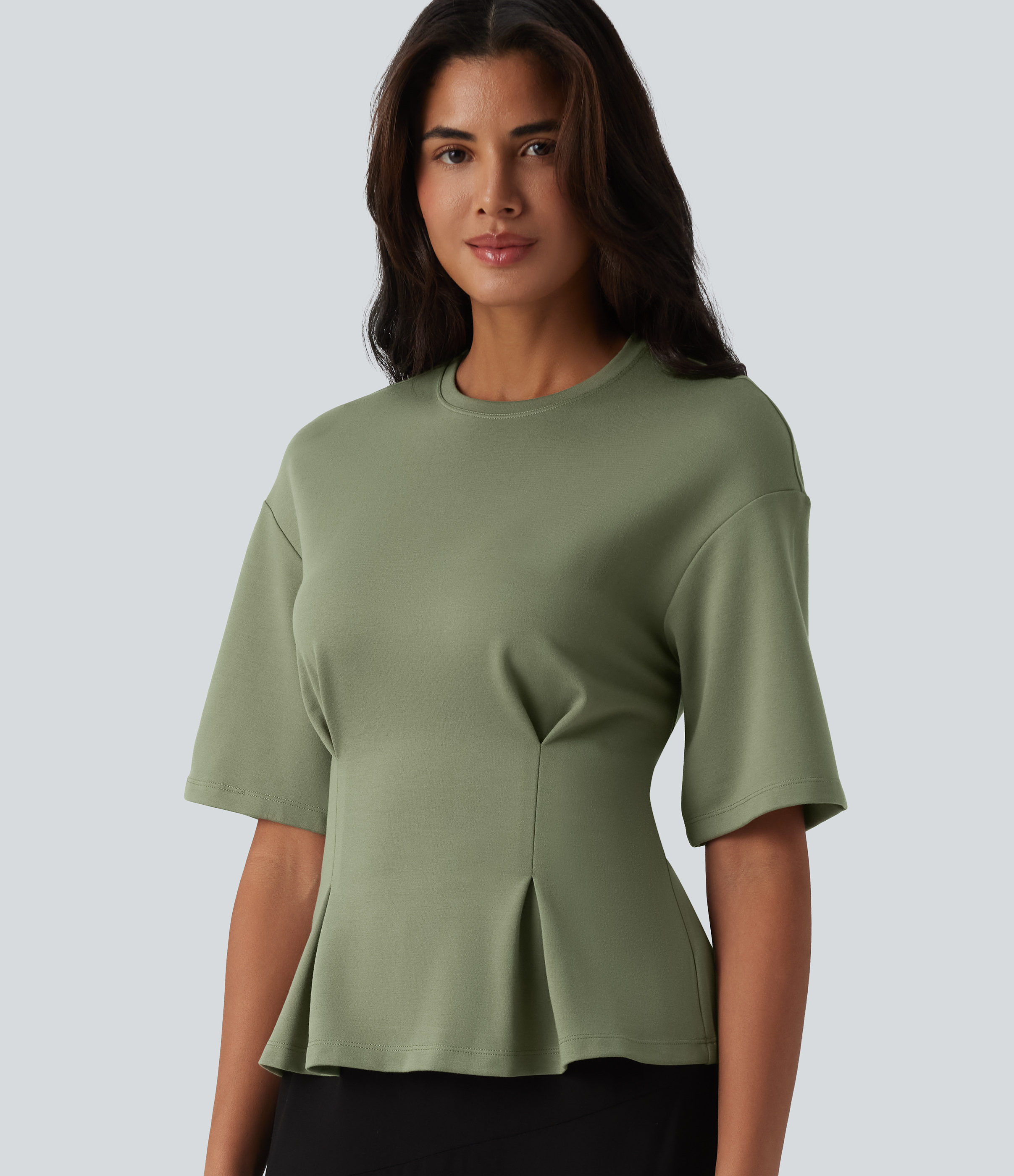 Round Neck Cinched Waist Casual Peplum Blouse