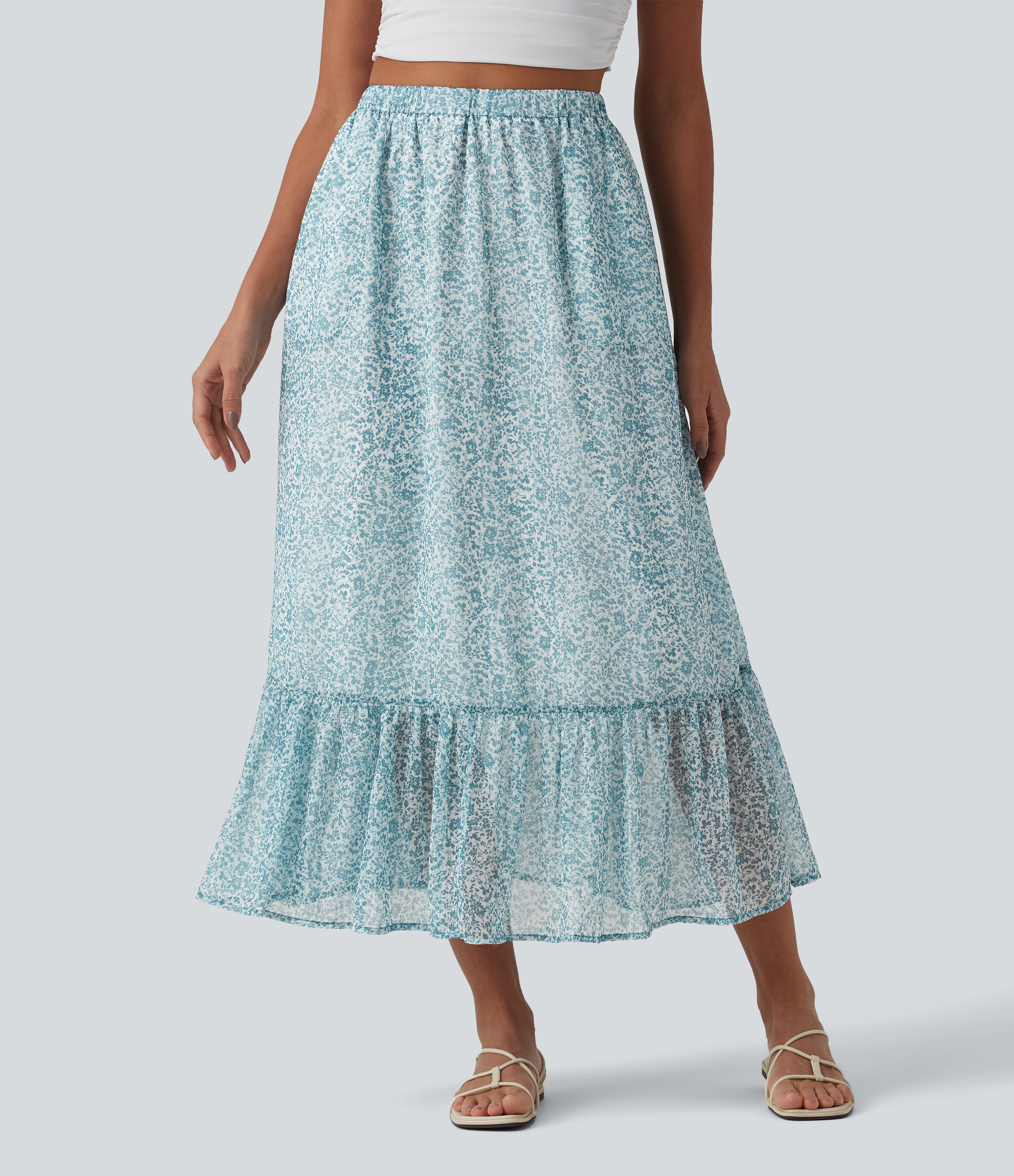 Jupe mi-longue fluide casual imprimé floral taille haute avec poches