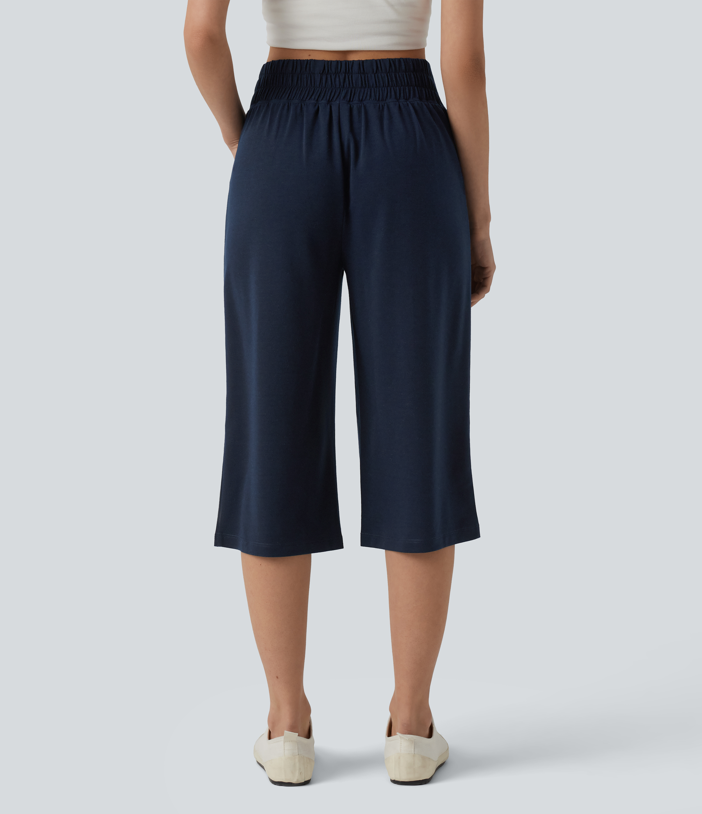 Black Iris Pantalon capri décontracté taille mi-haute, ceinture croisée, jambe large, avec poches / 2