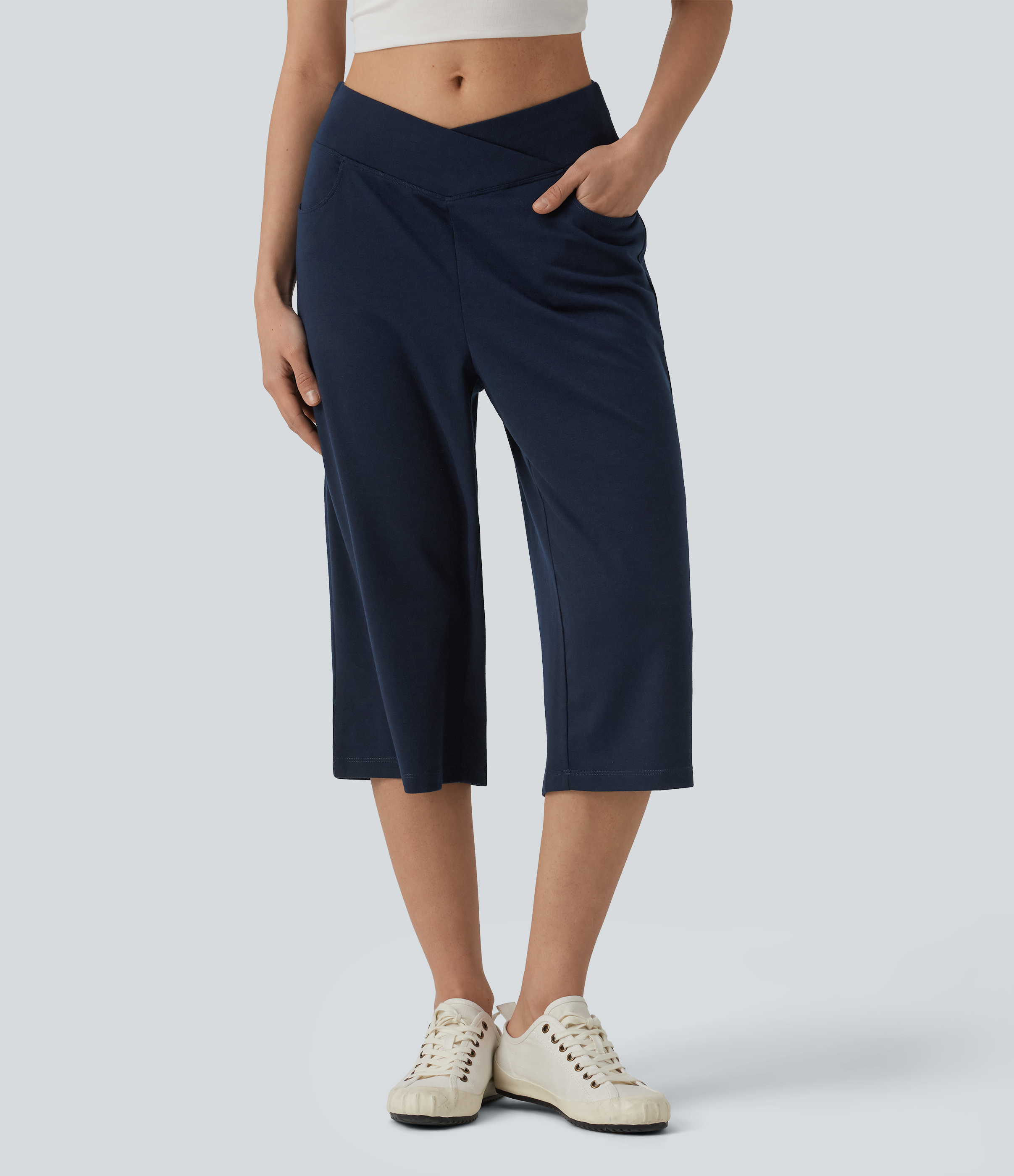 Pantalon casual capri large croisé taille mi-haute avec poches