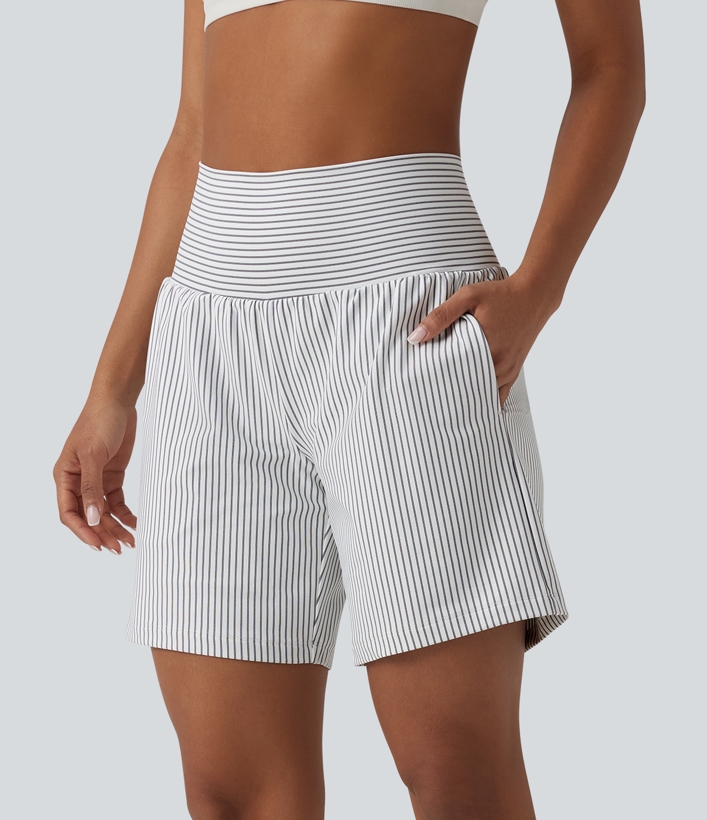 Shorts de yoga 2 en 1 a rayas, tiro súper alto, 7'' con bolsillos