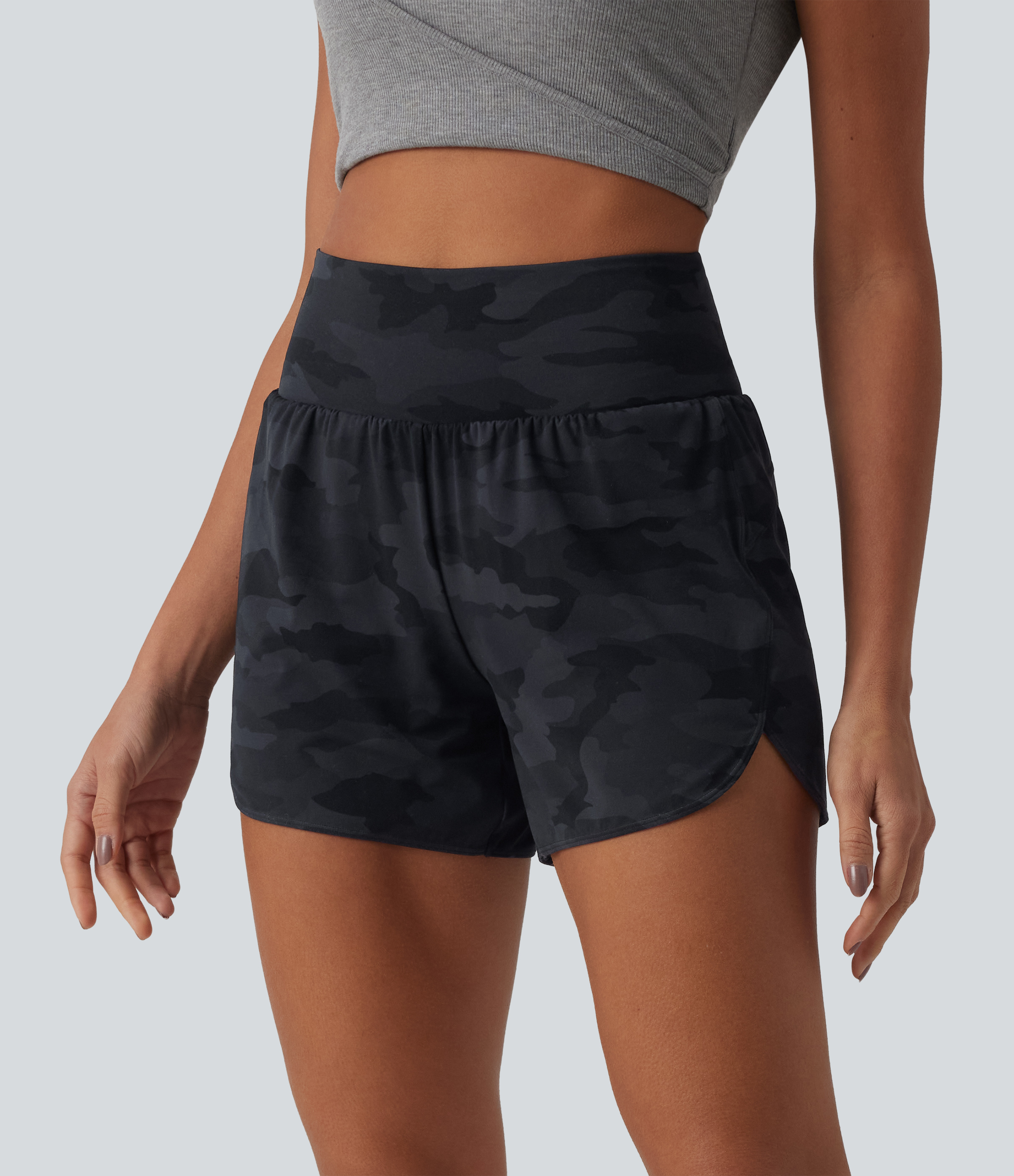 Halara UltraSculpt™ Camo Print High Waisted Tummy Control Curved Hem 2-in-1 Running Shorts 4" with Pocket