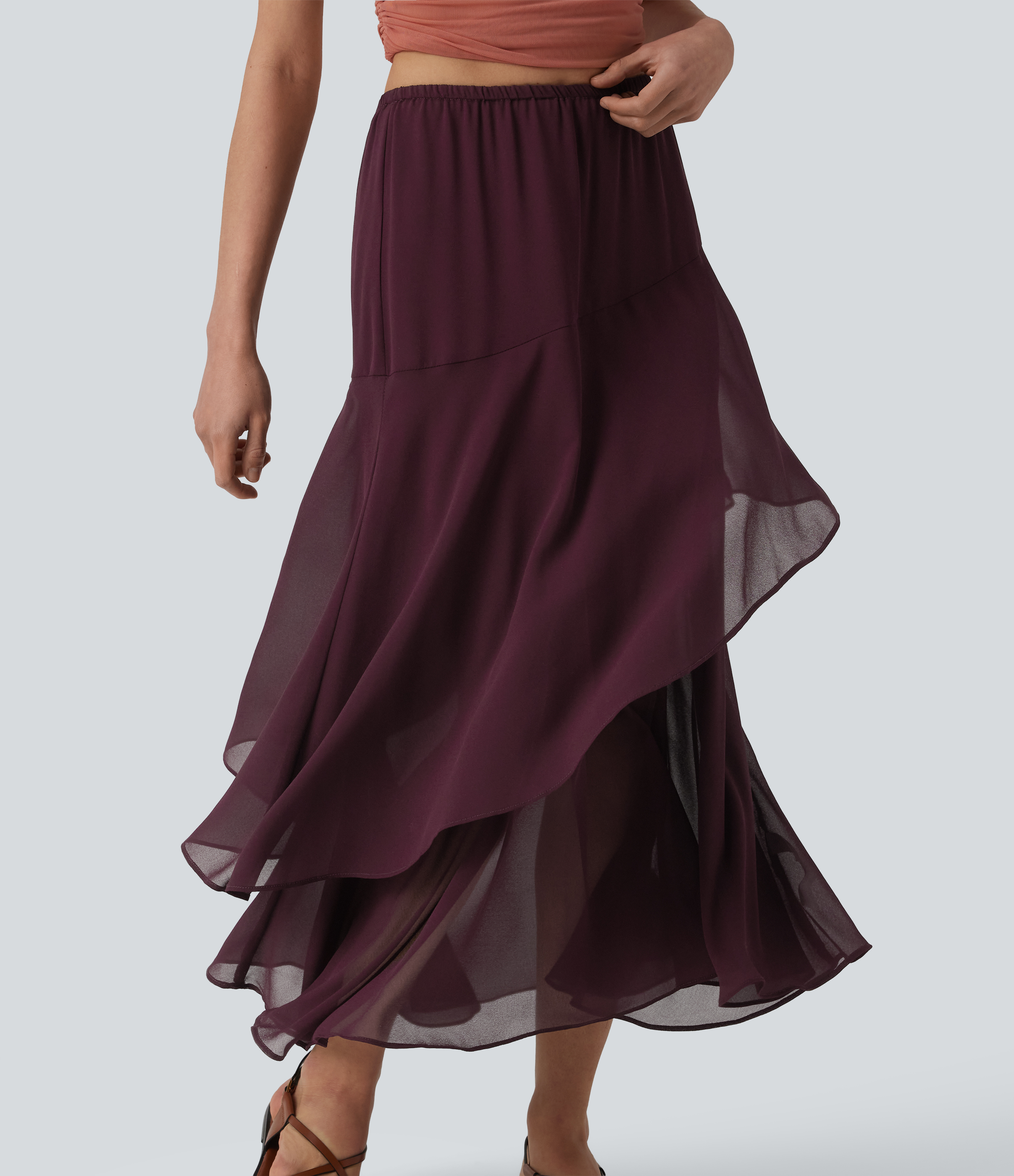 High Waisted Ruffle Layered Midi Casual Skirt