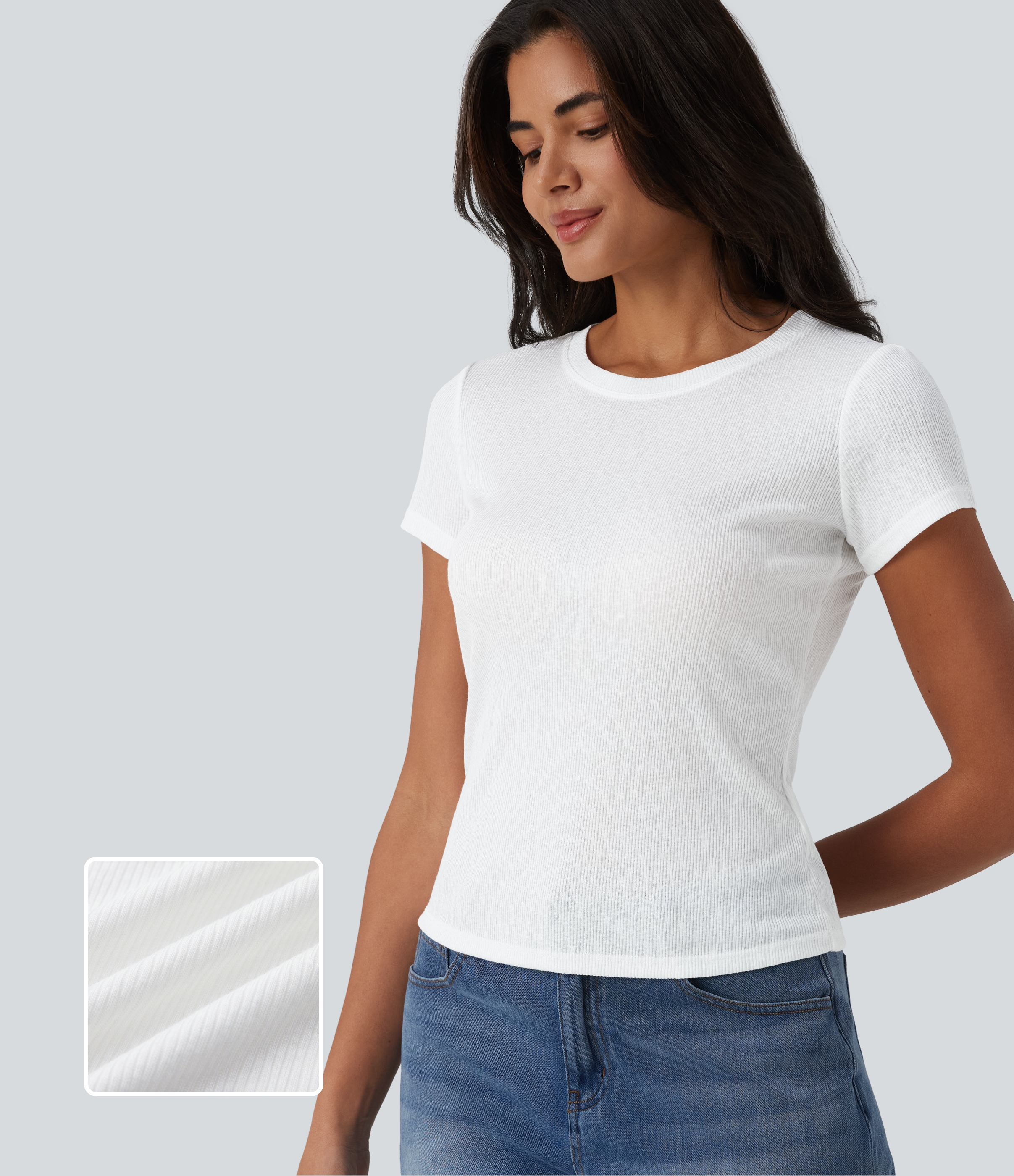 Semi Sheer Ribbed Knit Round Neck Short Sleeve Casual T-Shirt