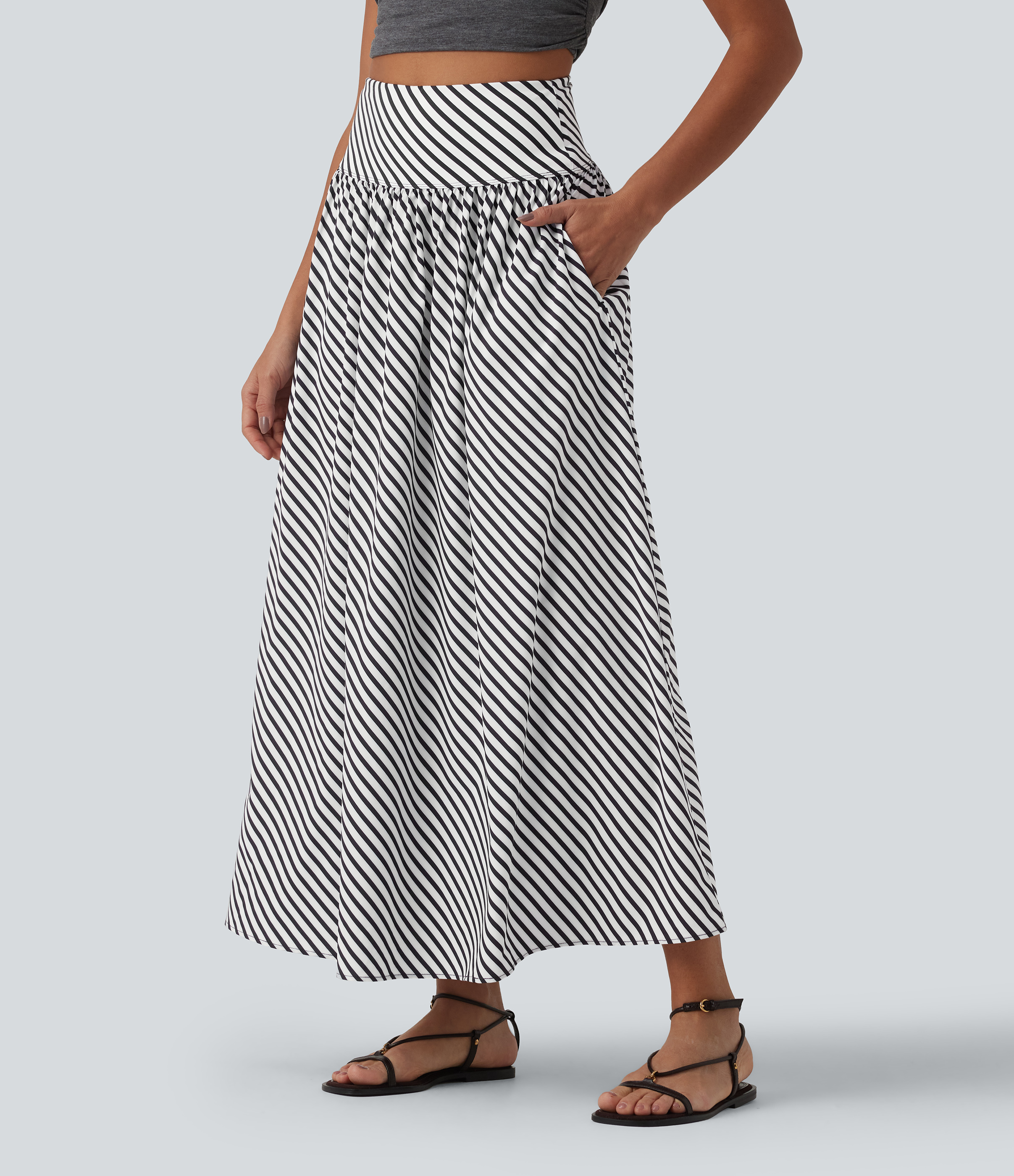 High Waisted Stripe Maxi Casual Flowy Skirt with Pockets