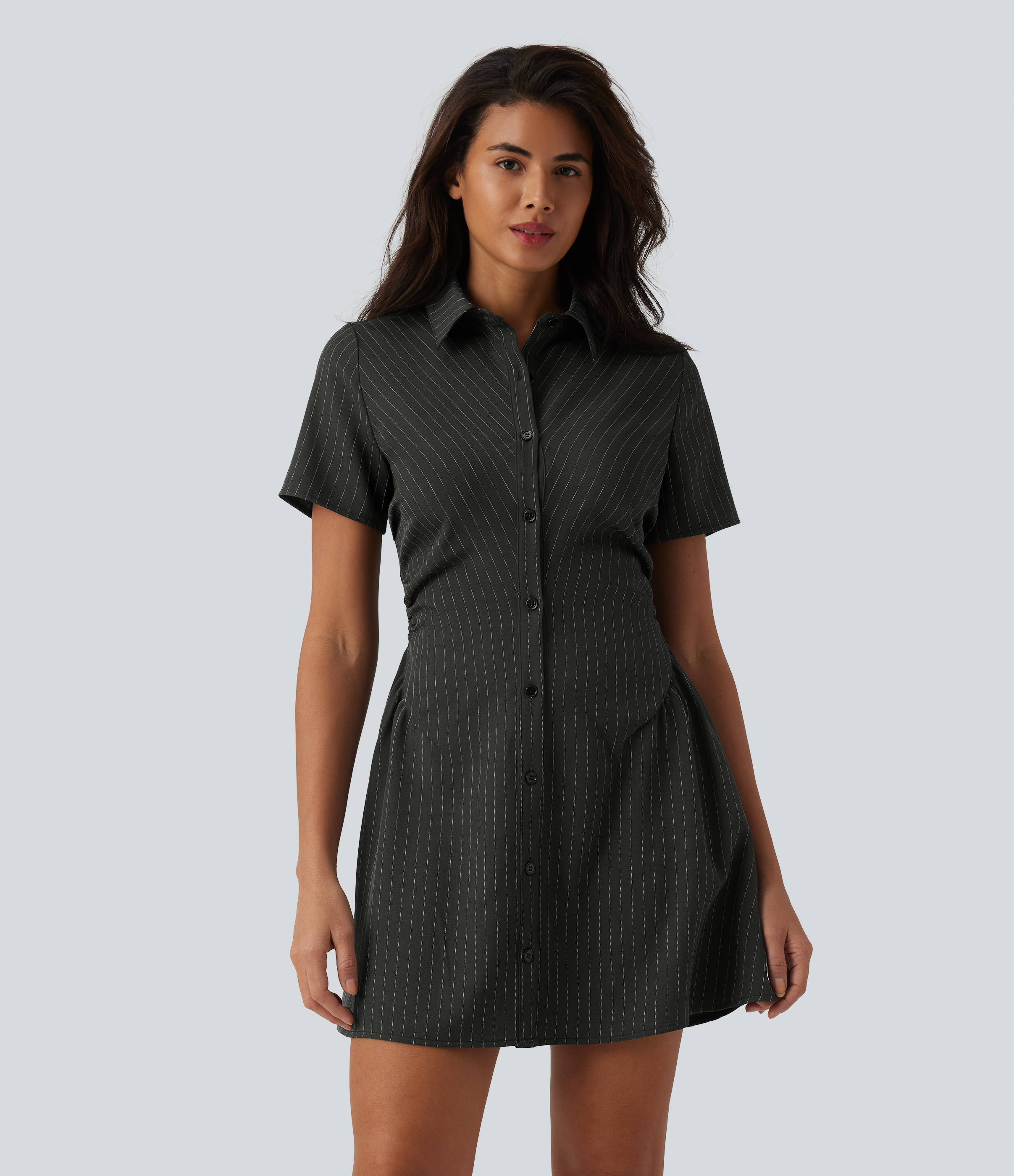 Collar Short Sleeve Shirred Ruched Cinched Waist Stripes Mini Casual Shirt Dress
