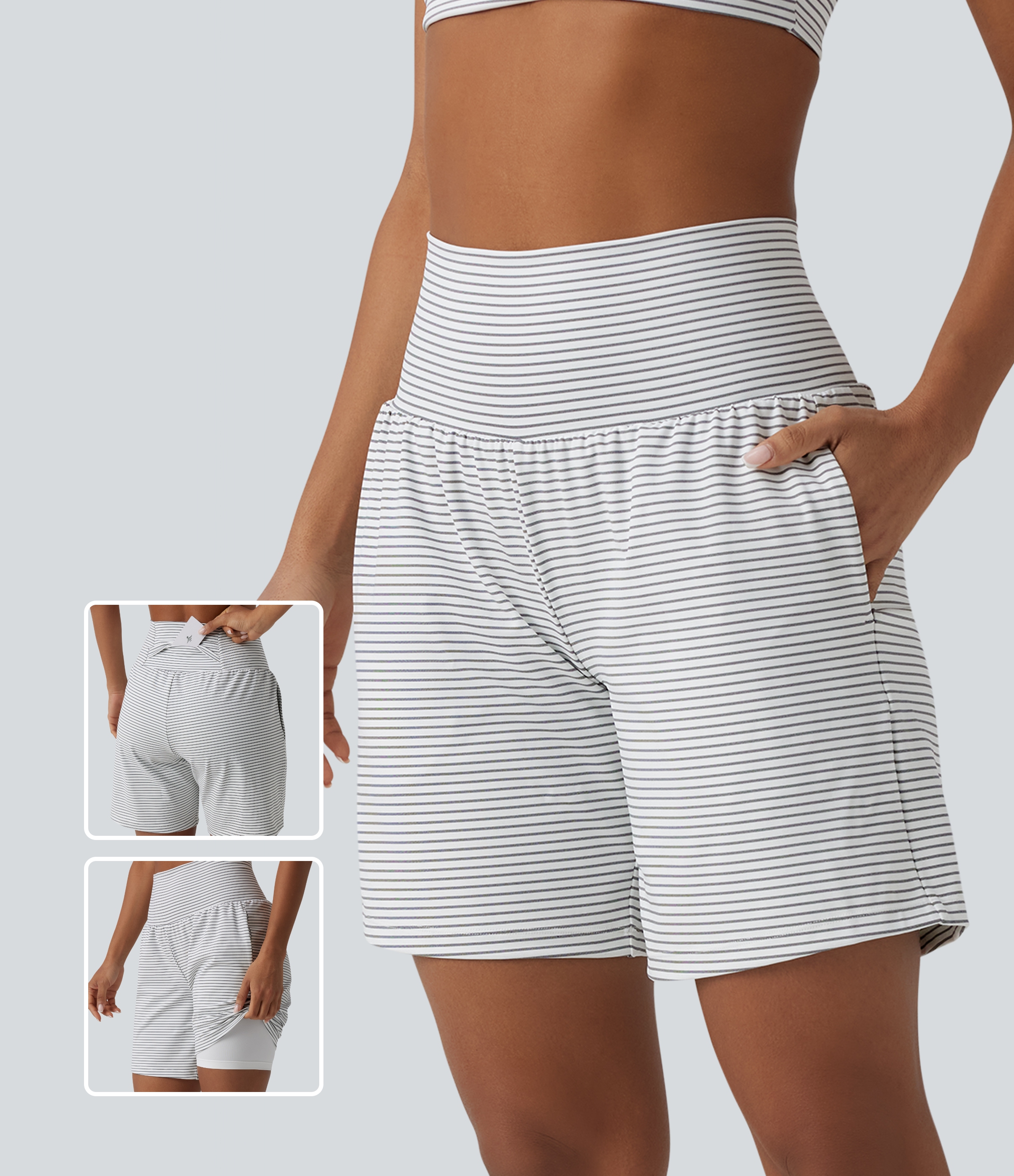 Pantalones cortos de yoga a rayas 2 en 1, talle súper alto, 7'' con bolsillos