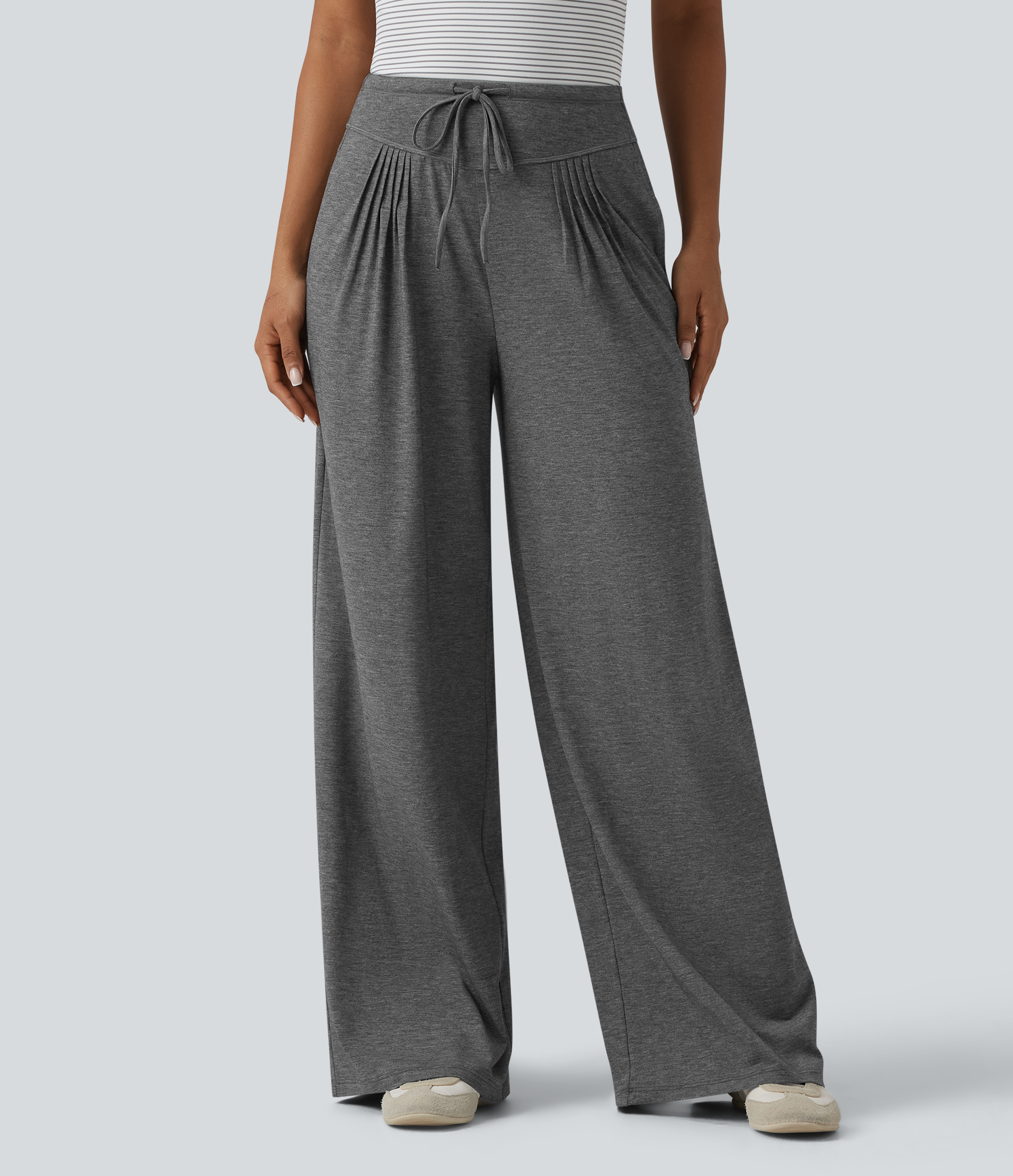 High Waisted Drawstring Pleated Heathered Casual Baggy Pants with Pockets