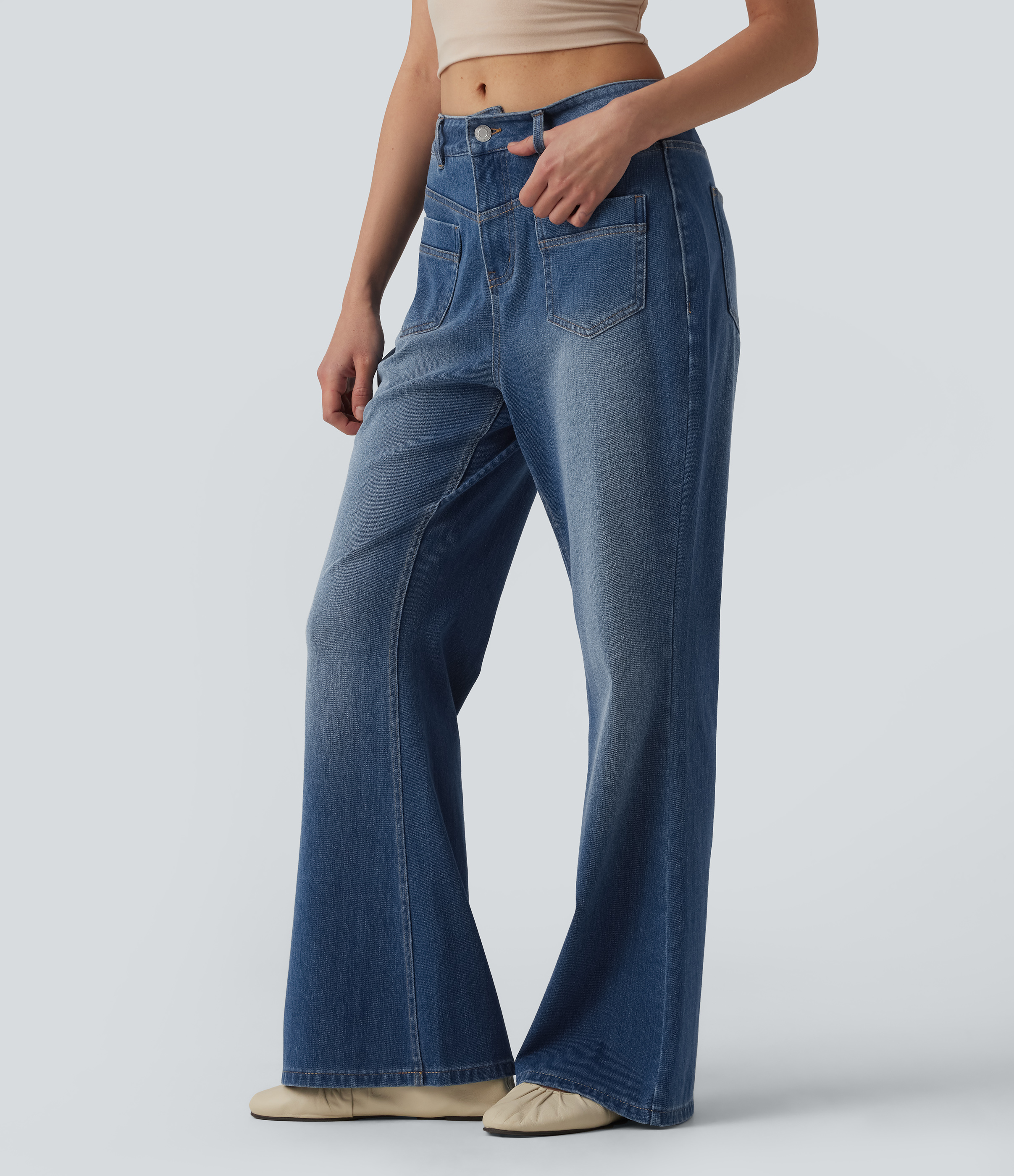 Tide Blue Denim Halara Flex™ džíny se středním pasem, ležérním rozšířeným střihem a kapsami / 2
