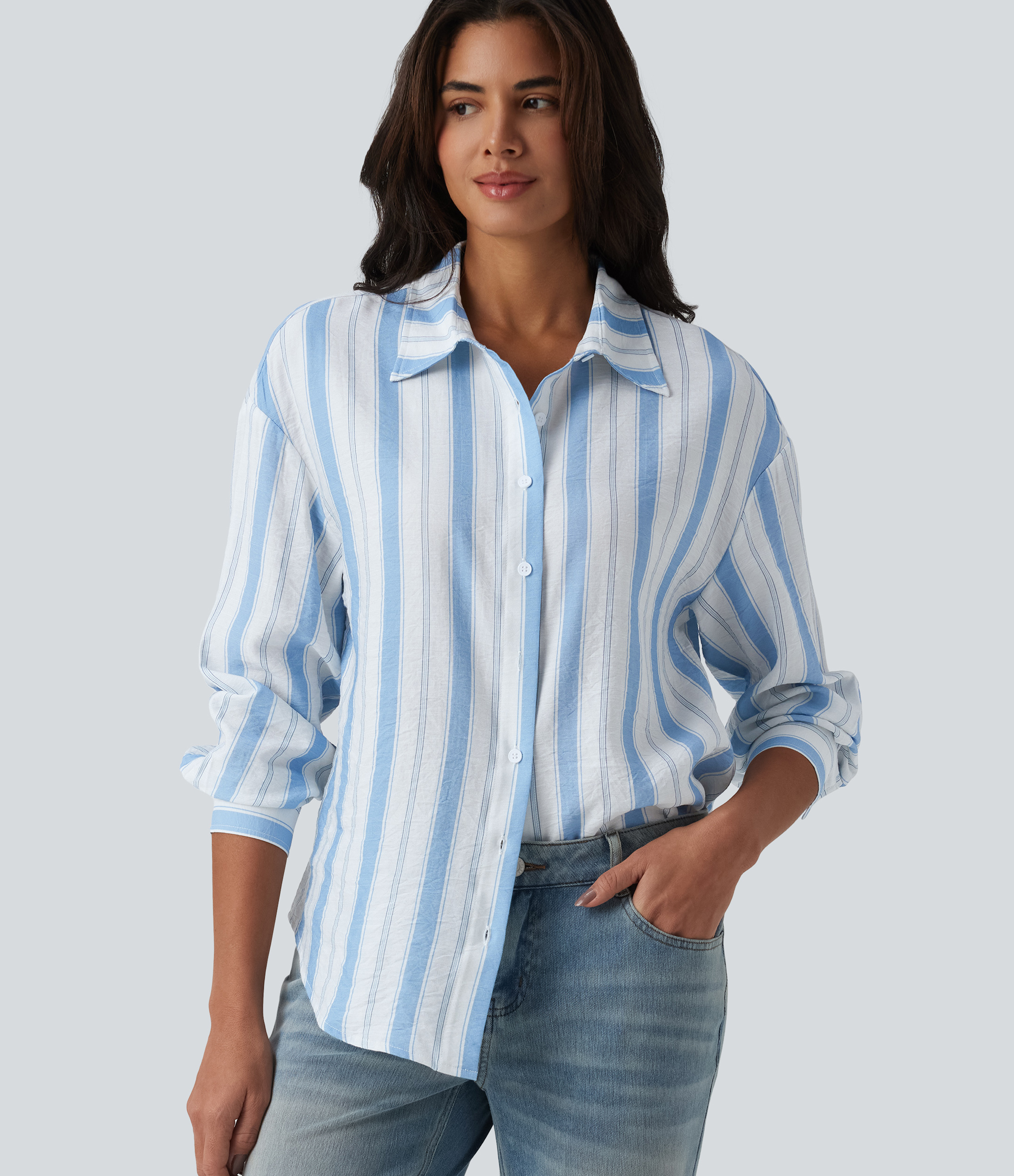 Collar Long Sleeve Stripes Linen-Feel Casual Shirt