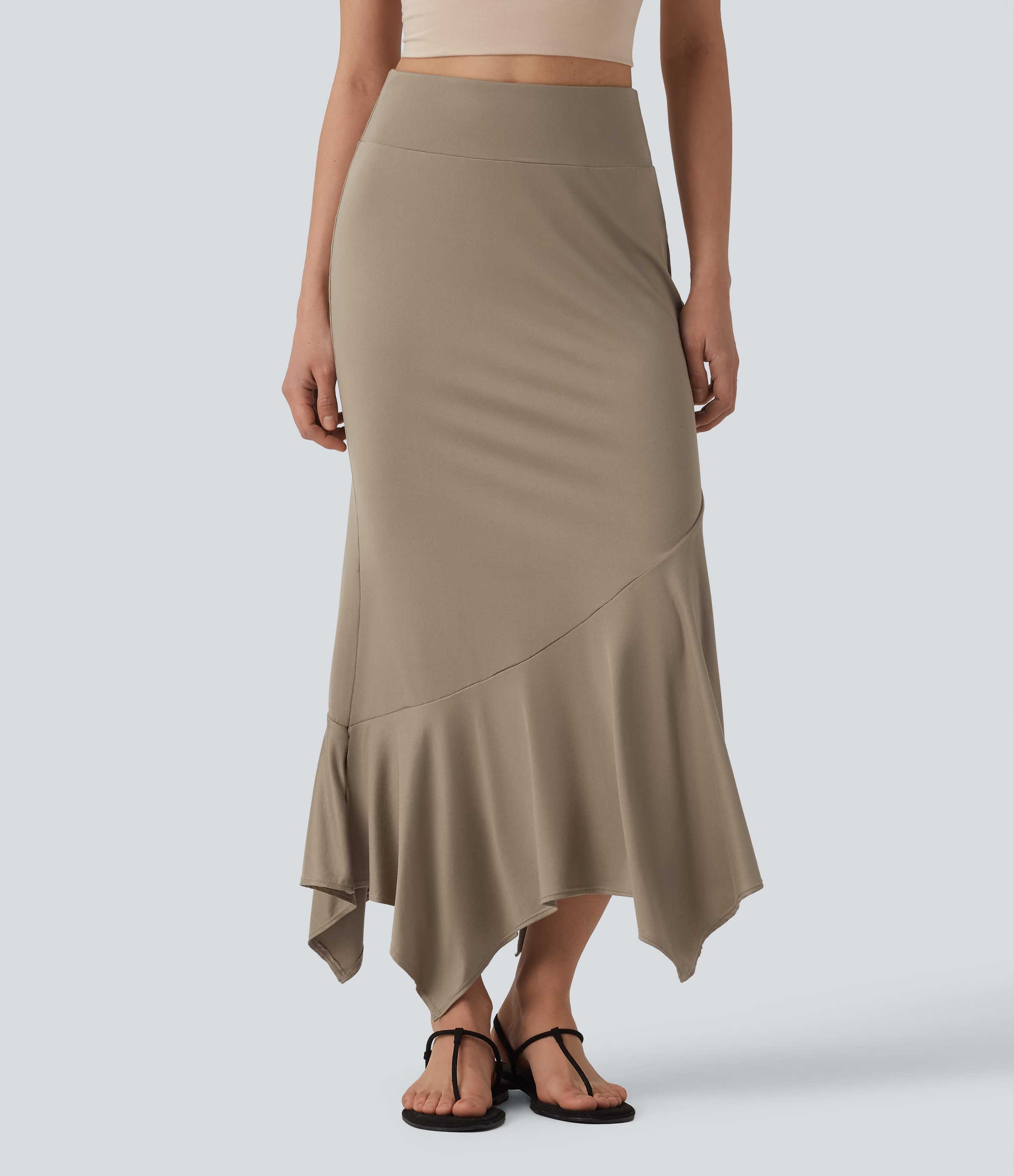 High Waisted Ruffle Hem Bodycon Midi Resort Skirt