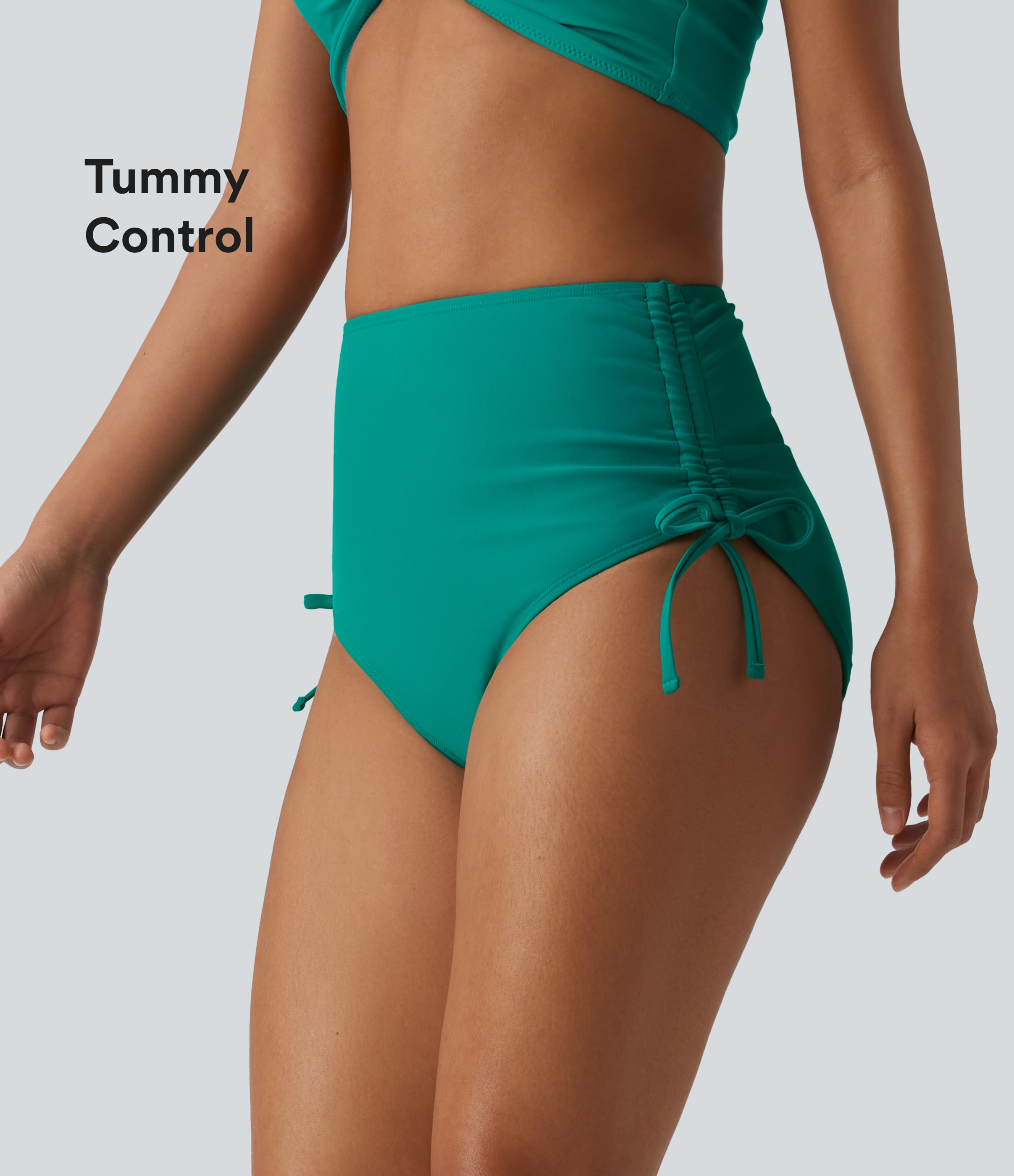 Geraffte Bikinihose mit hohem Bund, Bauchkontrolle und Kordelzug