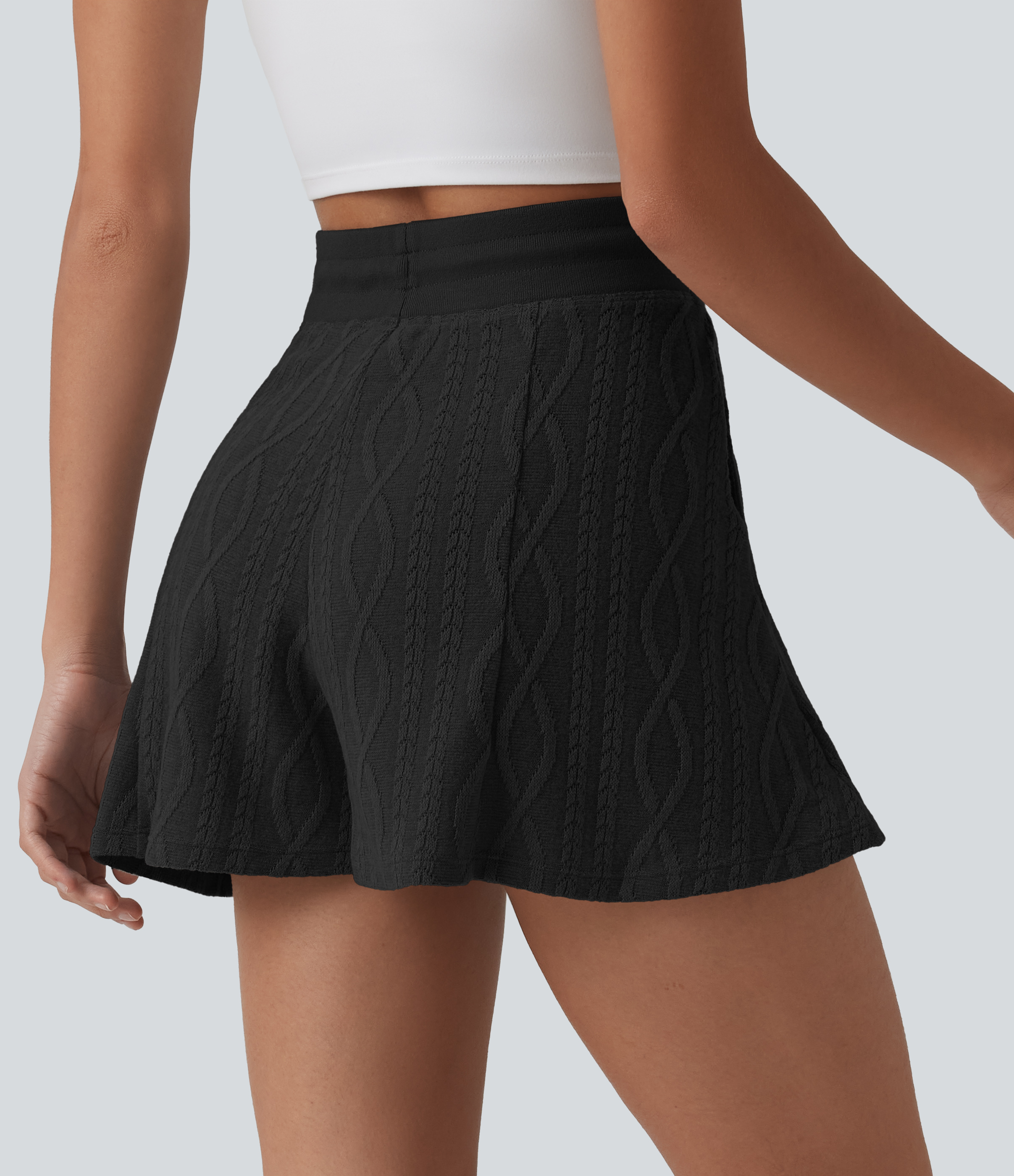 Black High Waisted Drawstring Jumper Knit Casual Shorts 3'' with Pockets / 2