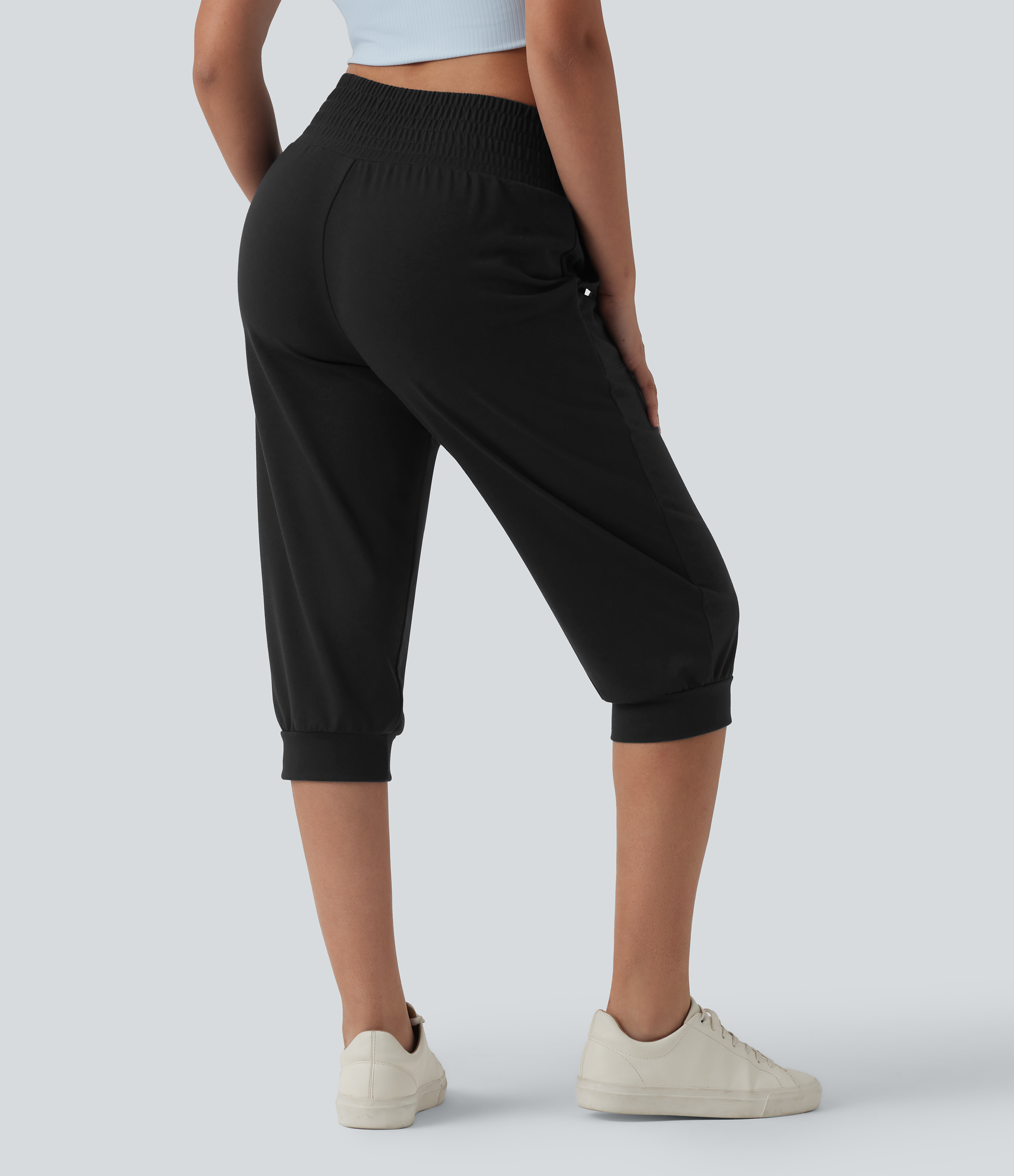 Black Mid Rise Drawstring Capri Casual Joggers with Pockets / 2