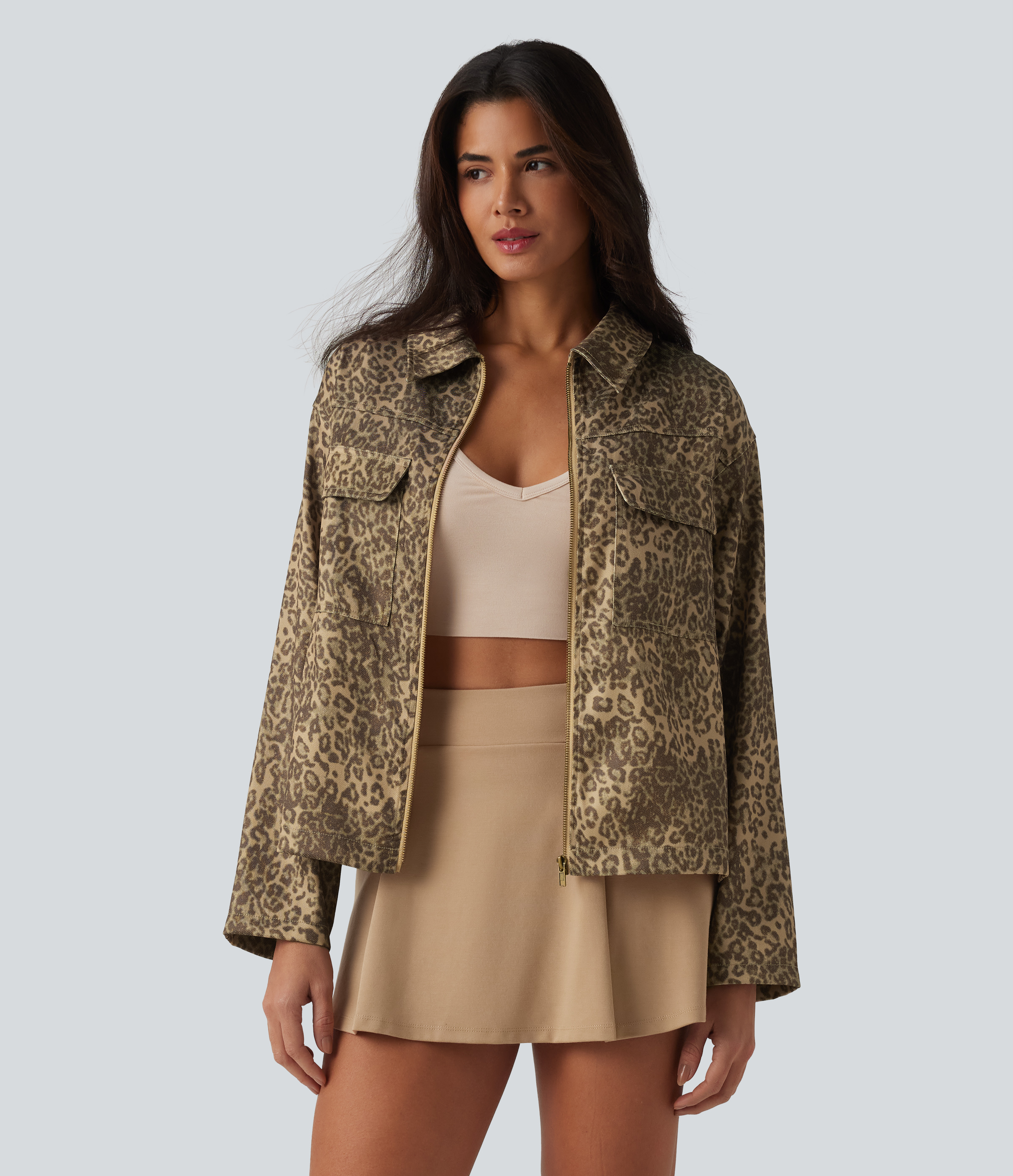 Long Sleeve Zipper Leopard Print Casual Jacket with Pockets