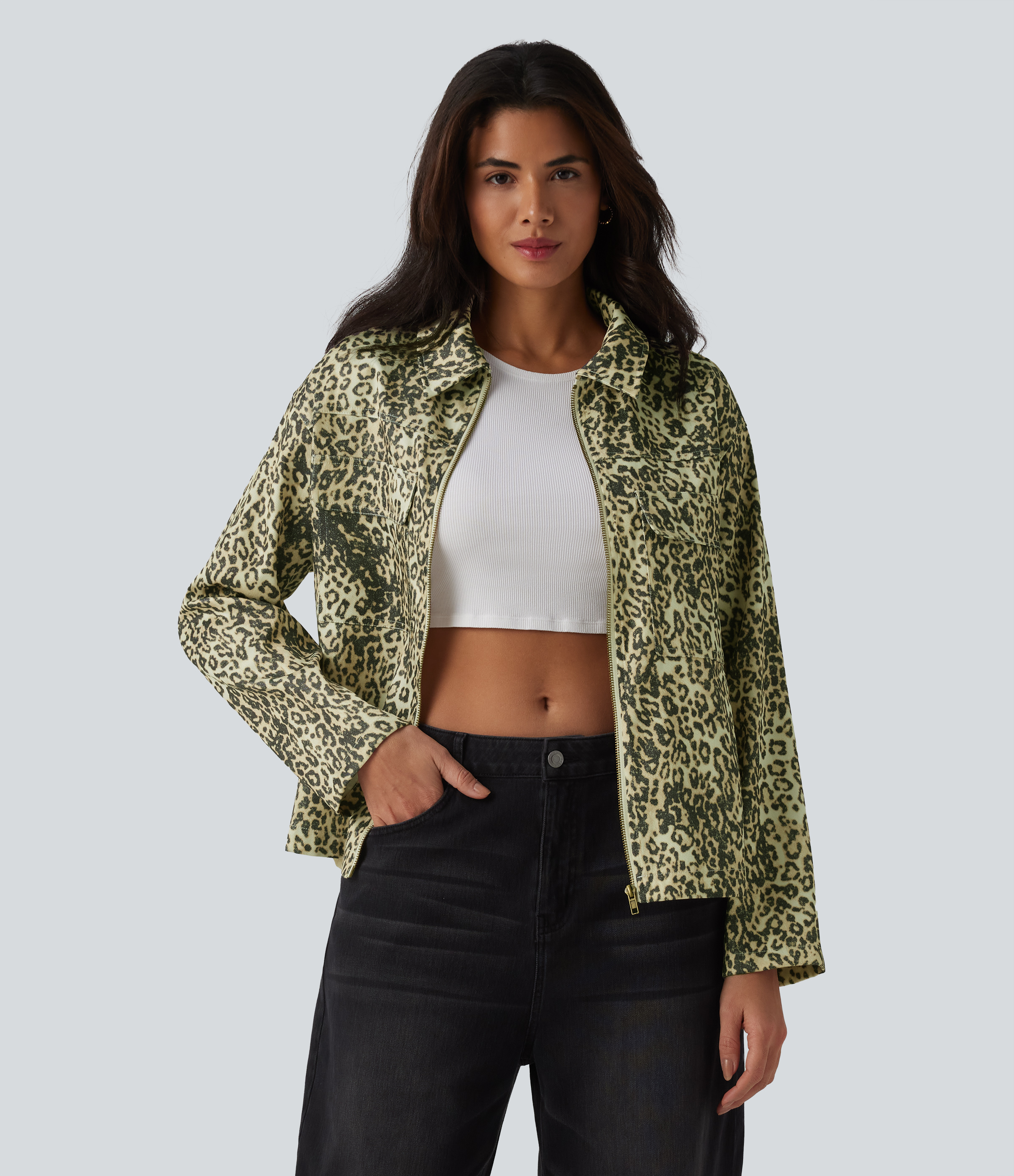 Veste casual imprimé léopard manches longues avec zip et poches