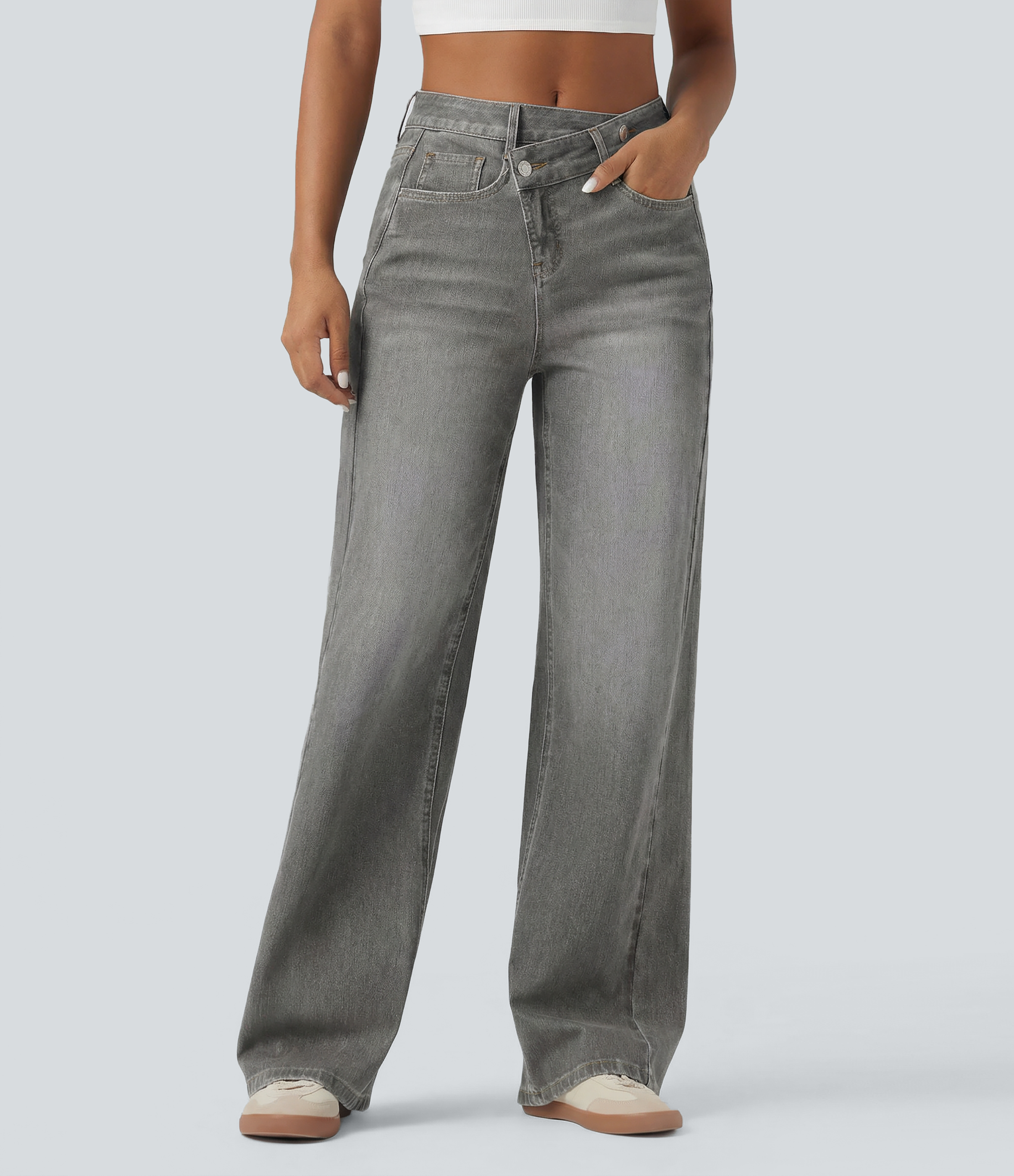 Halara Flex™ Asymmetric High Waisted Washed Casual Baggy Jeans with Pockets