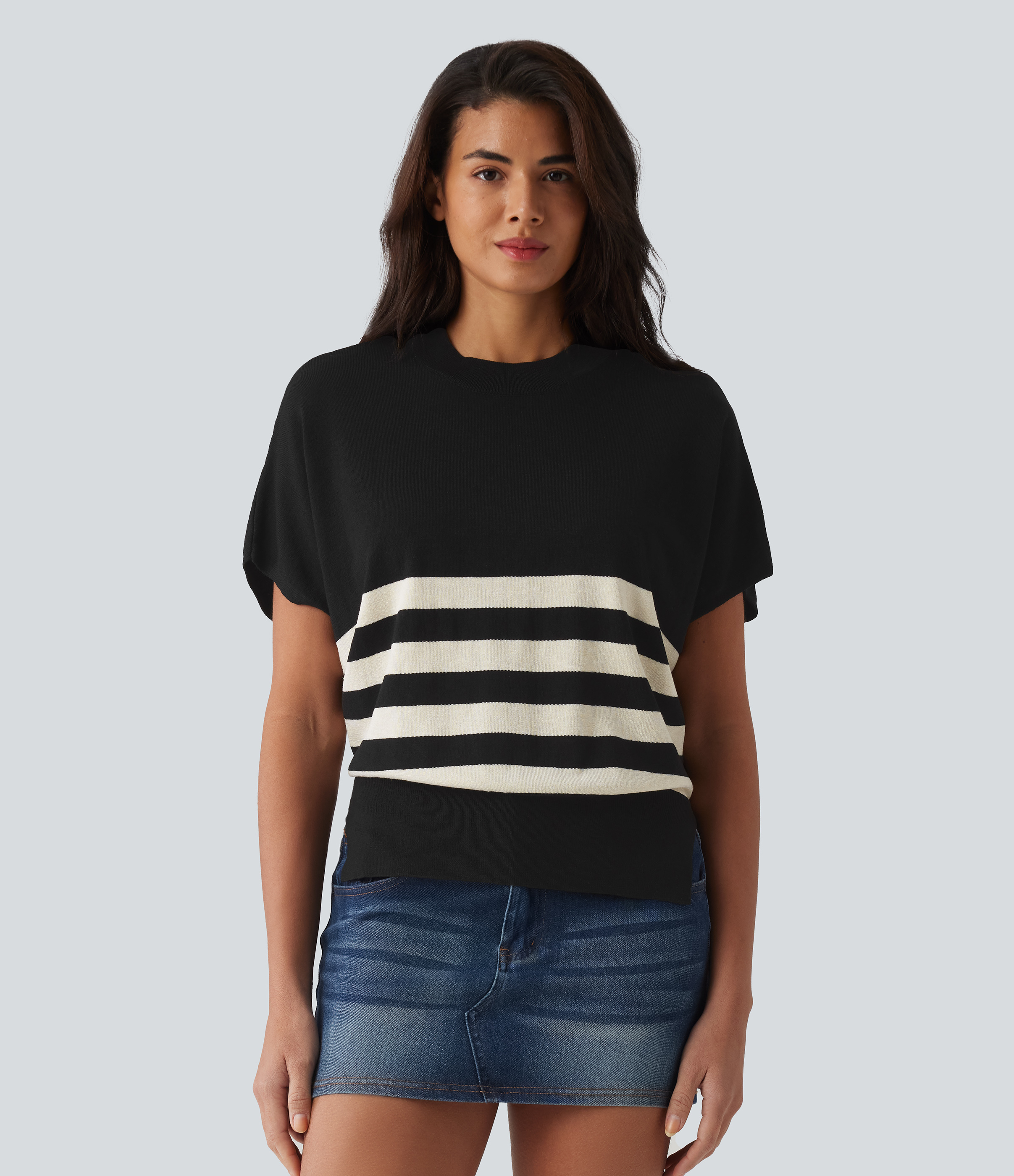 Pull casual col rond manches courtes à rayures