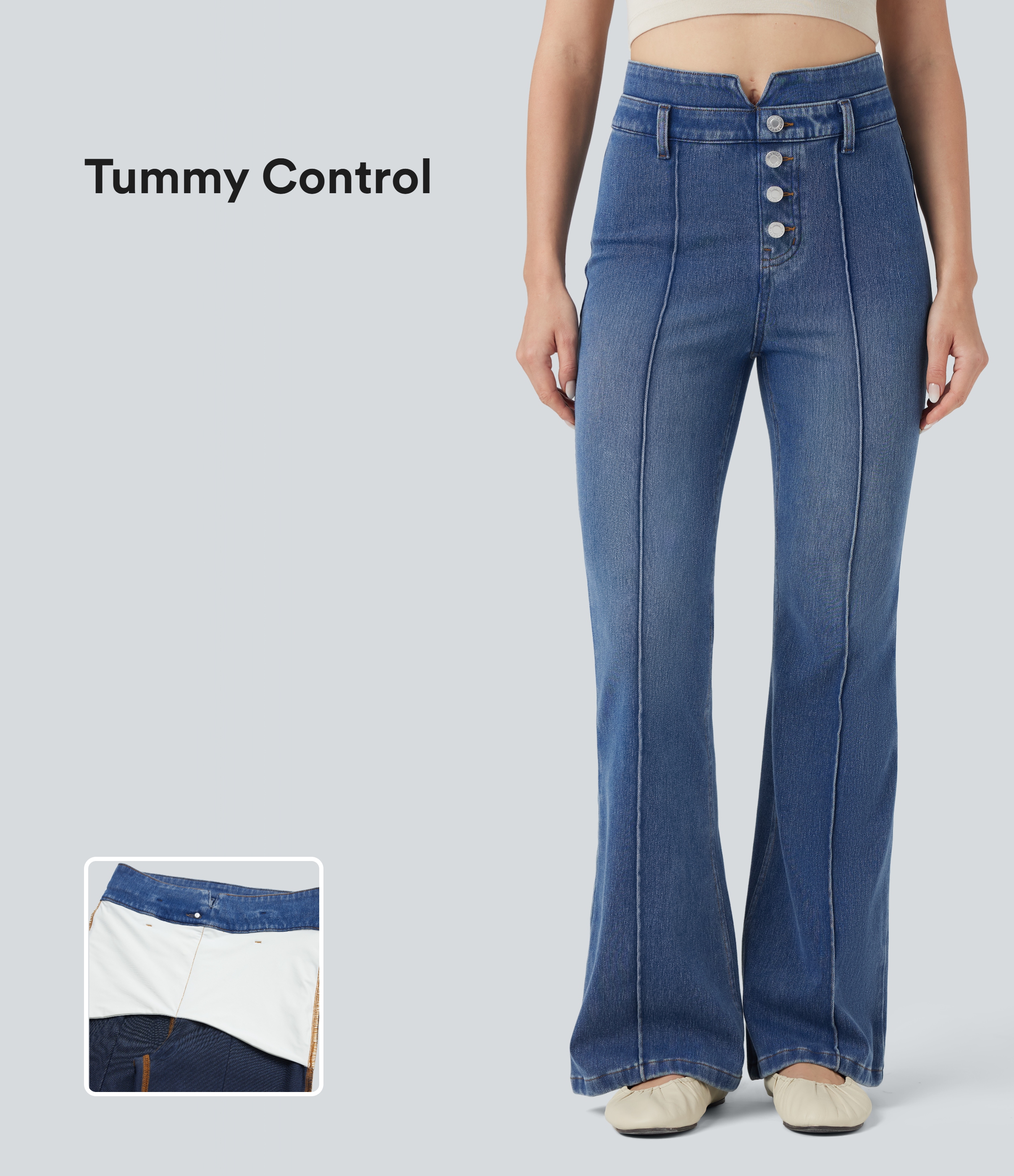 Tide Blue Denim Halara Flex™ Mid Rise Tummy Control Casual Flared Jeans with Pockets / 1