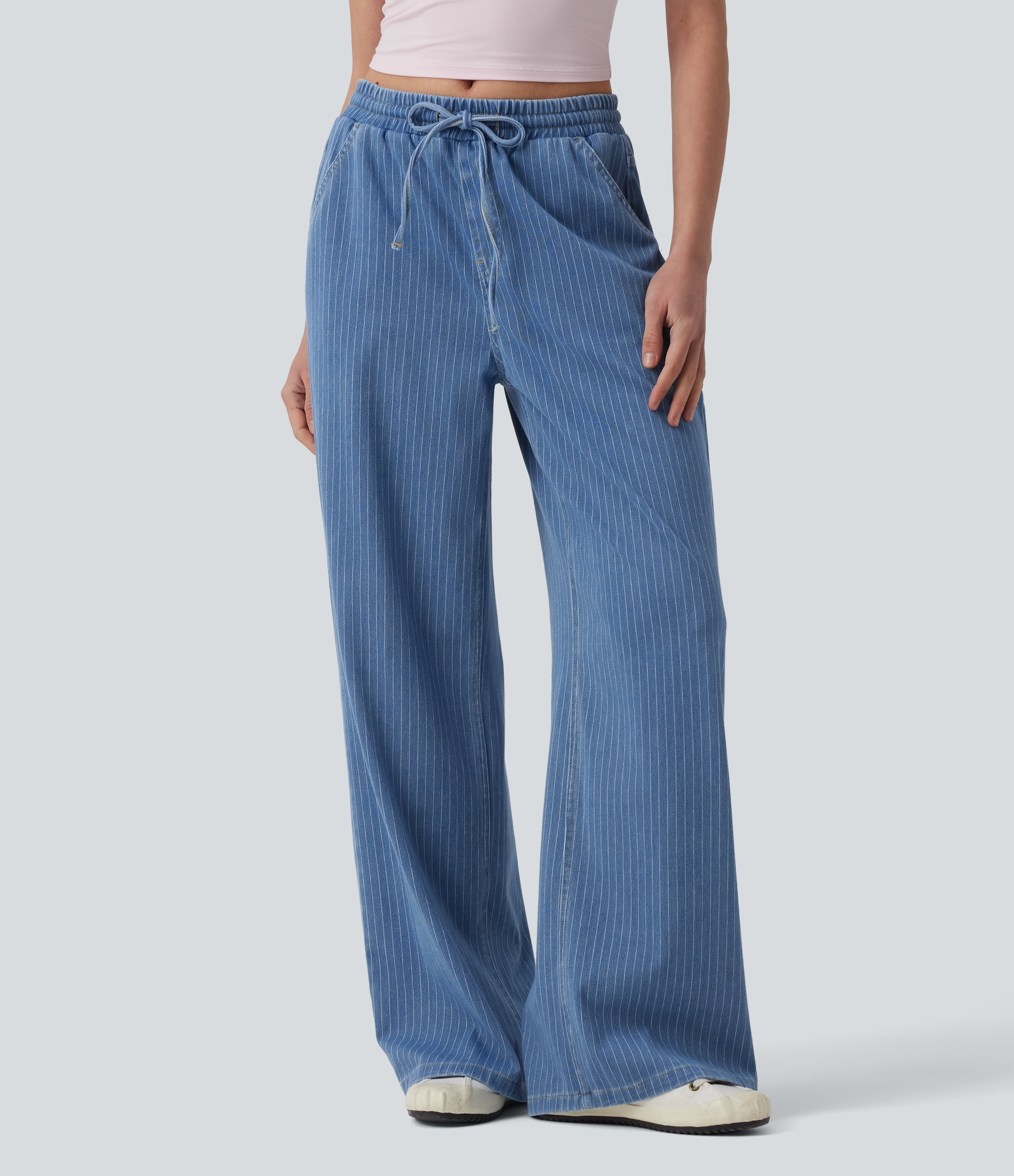 Halara Flex™ Mid Rise Drawstring Wide Leg Stripe Casual Jeans with Pockets