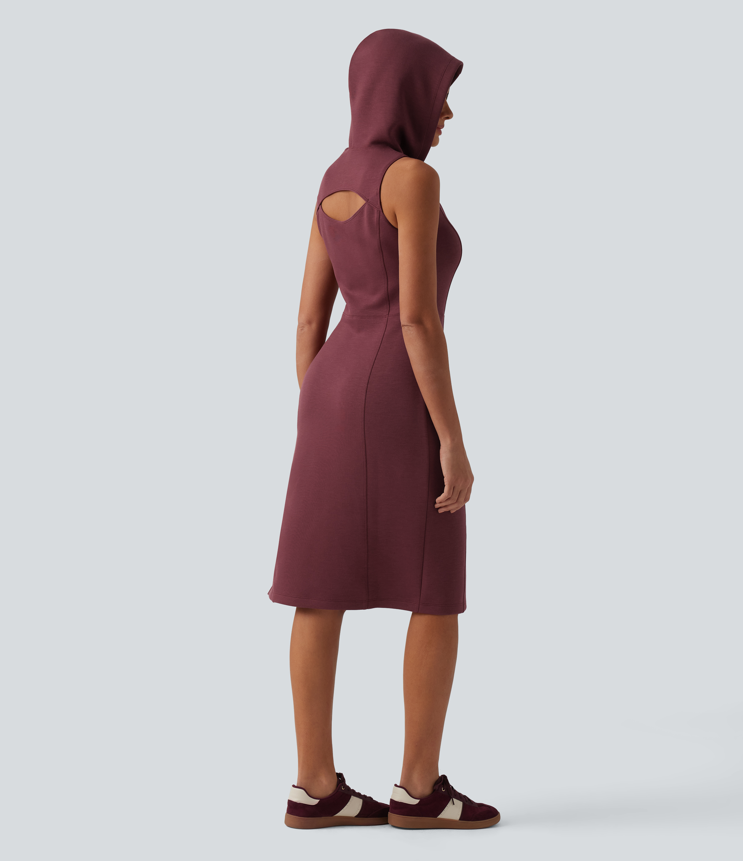 Oxblood Red SpacerTek™ Hooded Sleeveless Cut Out Midi Casual Dress / 2